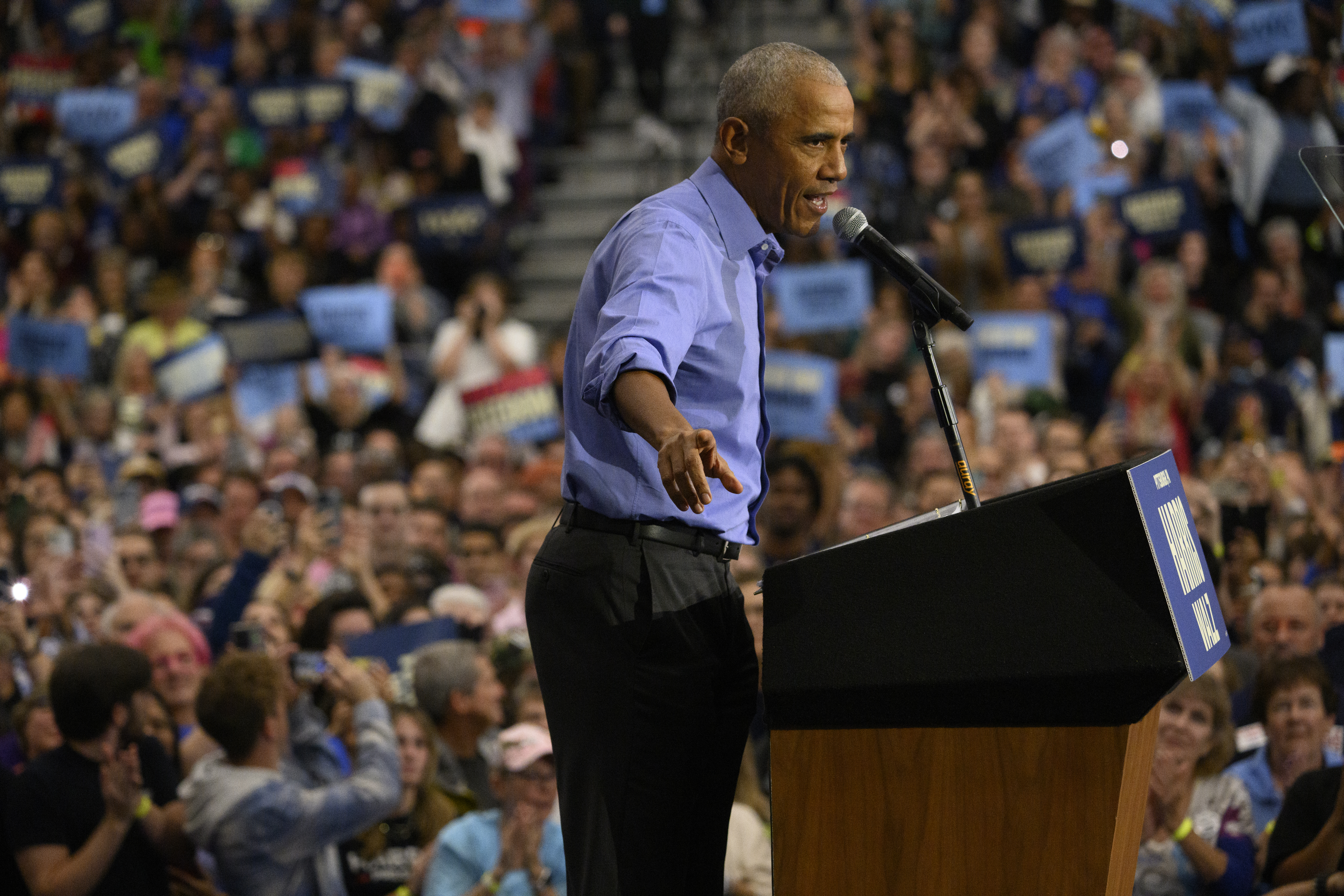 Former U.S. President Barack Obama speaks at a campaign event for Democratic presidential nominee, Vice President Kamala Harris at the University of Pittsburgh on Oct. 10, 2024 in Pittsburgh.