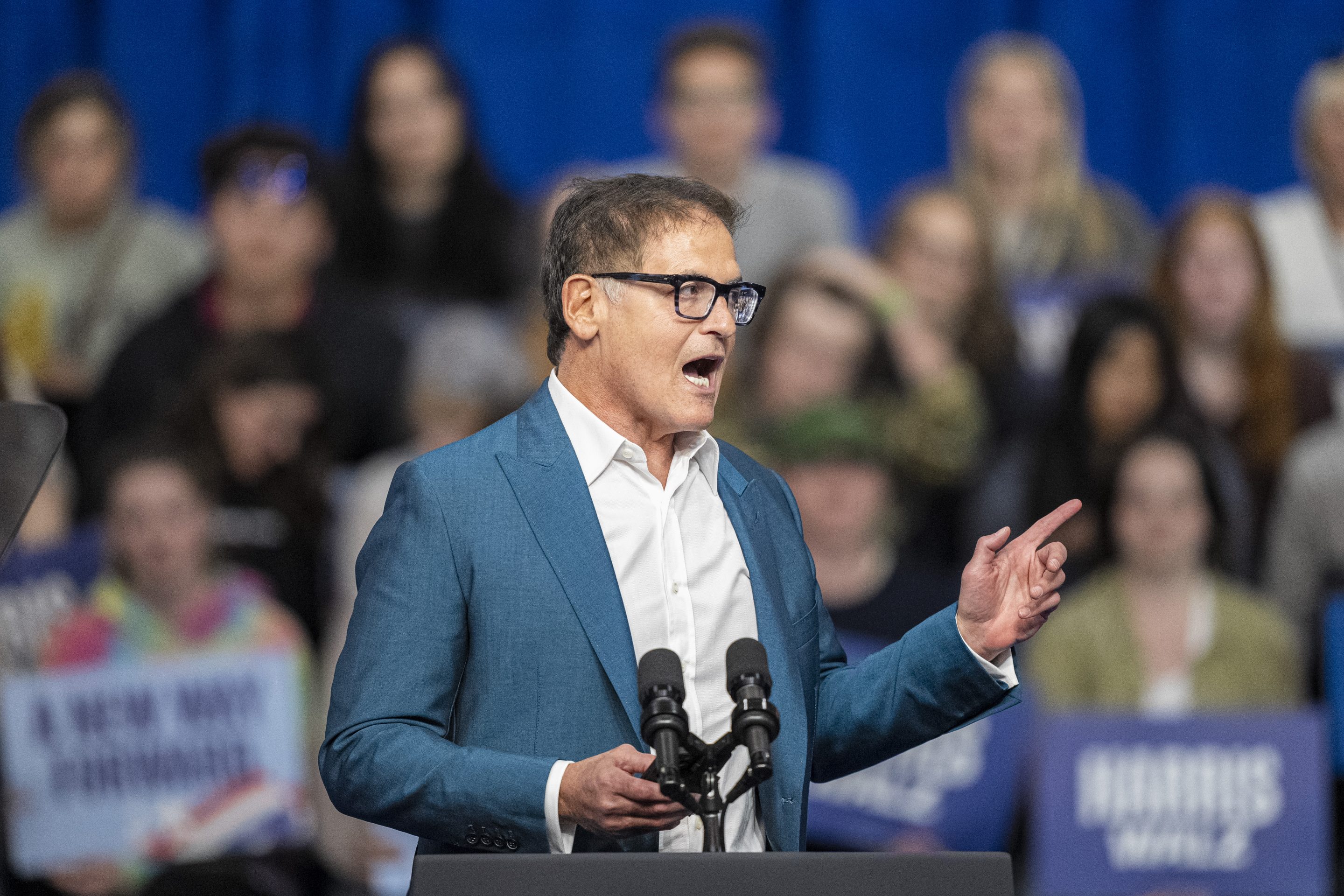 Mark Cuban speaks at a campaign rally for Kamala Harris on Oct. 17 in La Crosse, Wis.