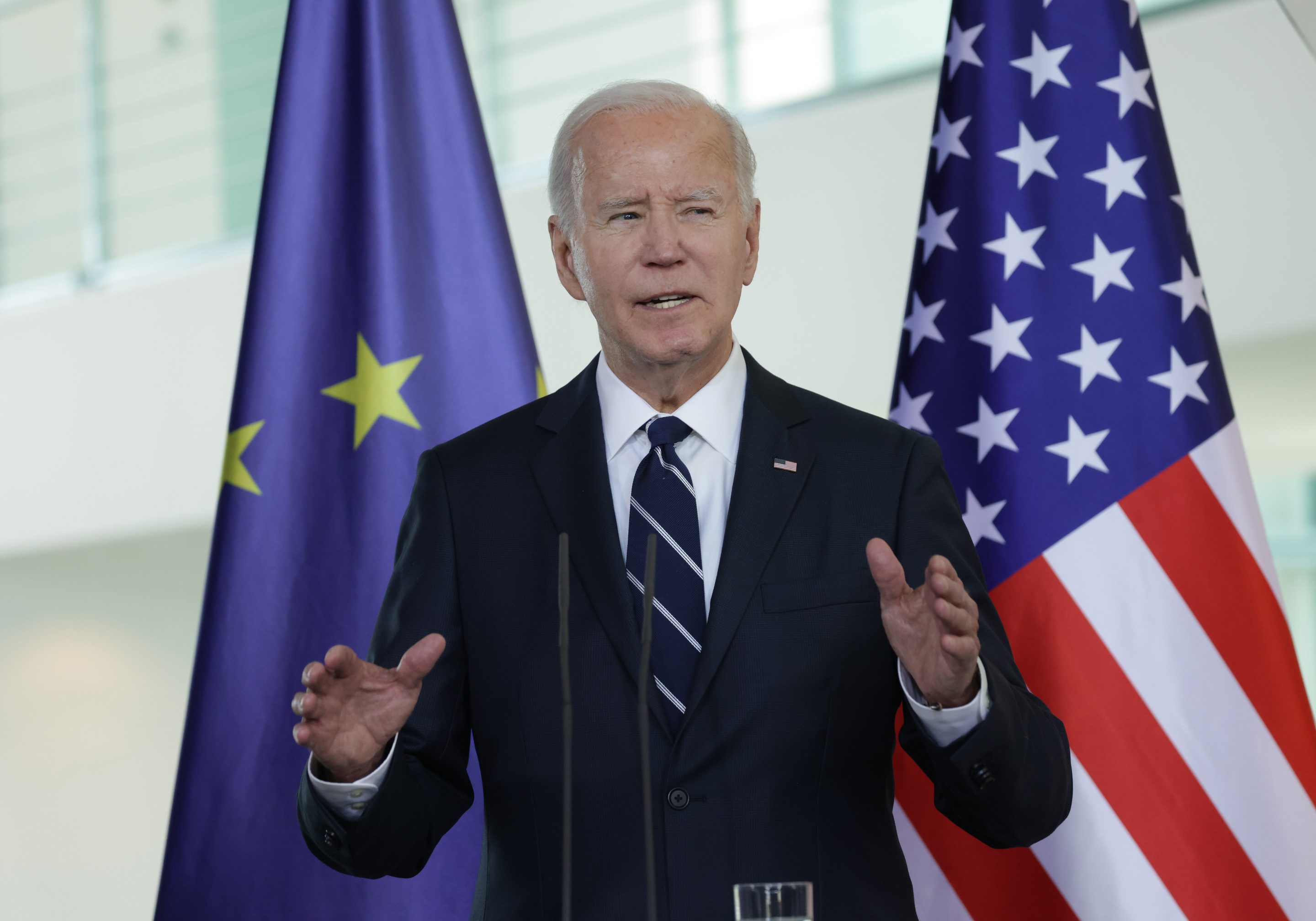 U.S. President Joe Biden gives a statement to the media, during which he and German Chancellor Olaf Scholz announced an aid package for Ukraine, at the Chancellery on Oct. 18, 2024 in Berlin.