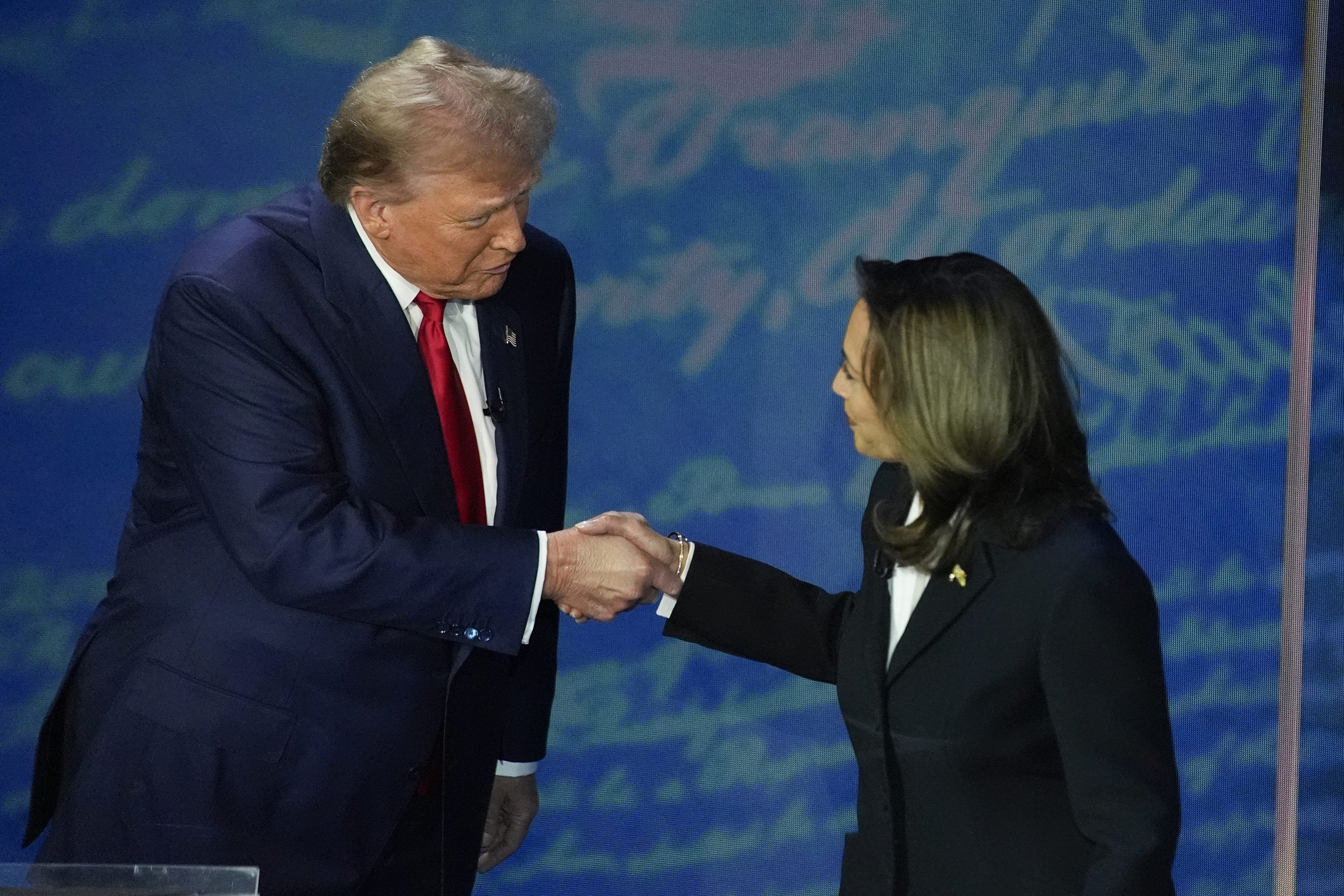 Republican presidential nominee former President Donald Trump and Democratic presidential nominee Vice President Kamala Harris shake hands before the start of an ABC News presidential debate at the National Constitution Center, on Sept. 10, 2024, in Philadelphia.