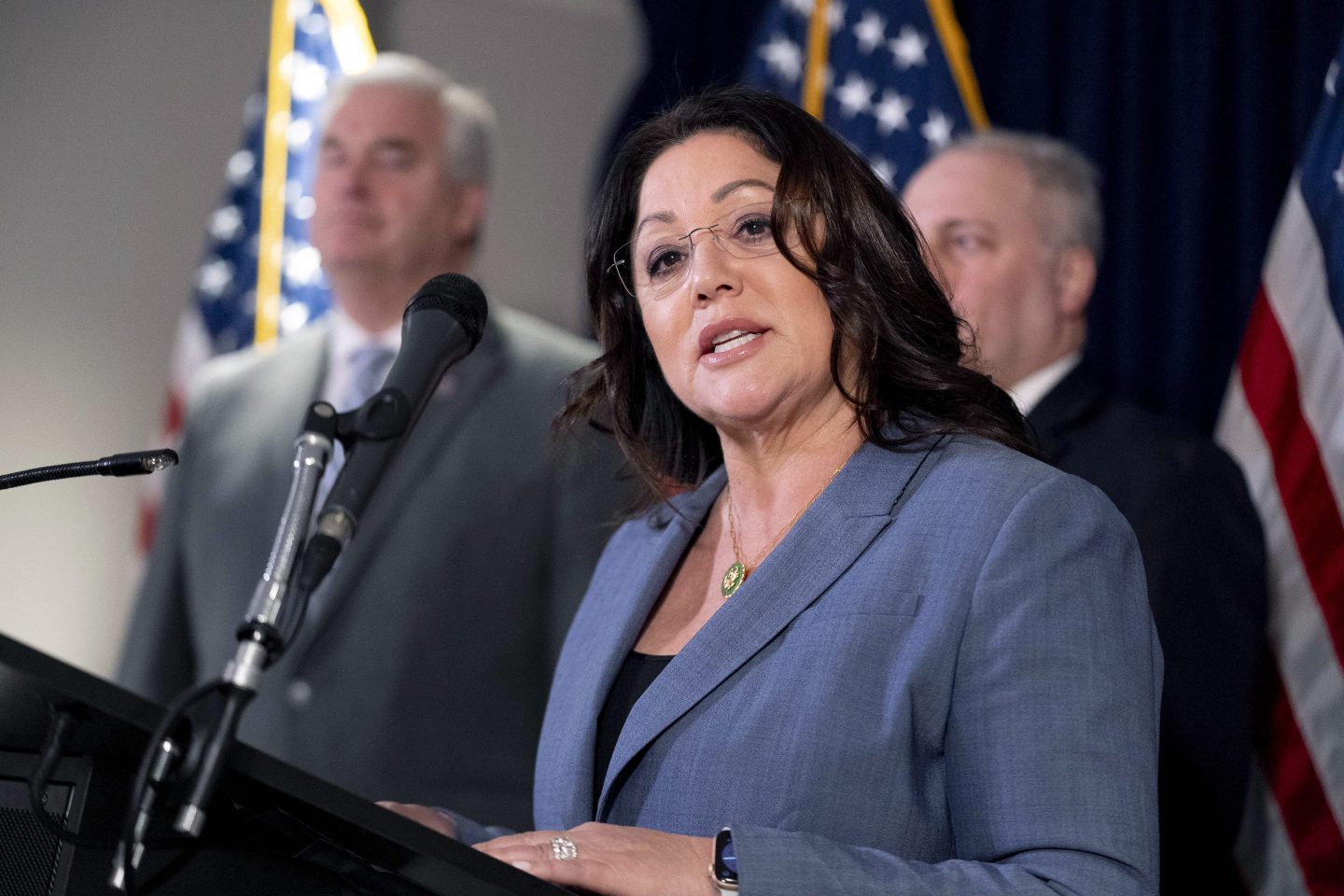 FILE - Rep. Lori Chavez-DeRemer, R-Ore., accompanied by Majority Whip Rep. Tom Emmer, R-Minn., left, and House Majority Leader Rep. Steve Scalise, R-La., right, speaks at a news conference on Capitol Hill in Washington, Jan. 25, 2023.