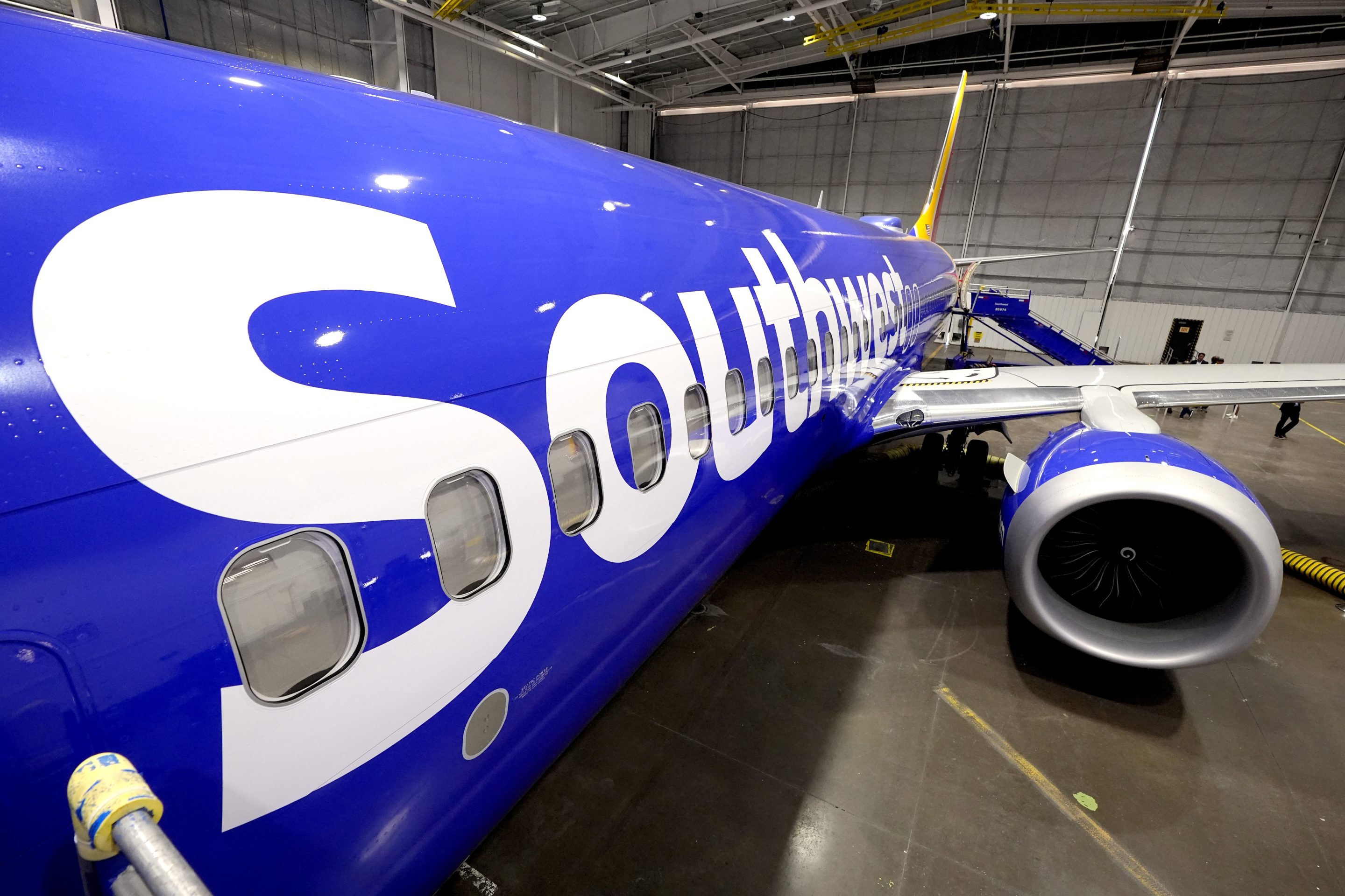 Southwest Airlines passenger jet in a hangar at Love Field in Dallas.