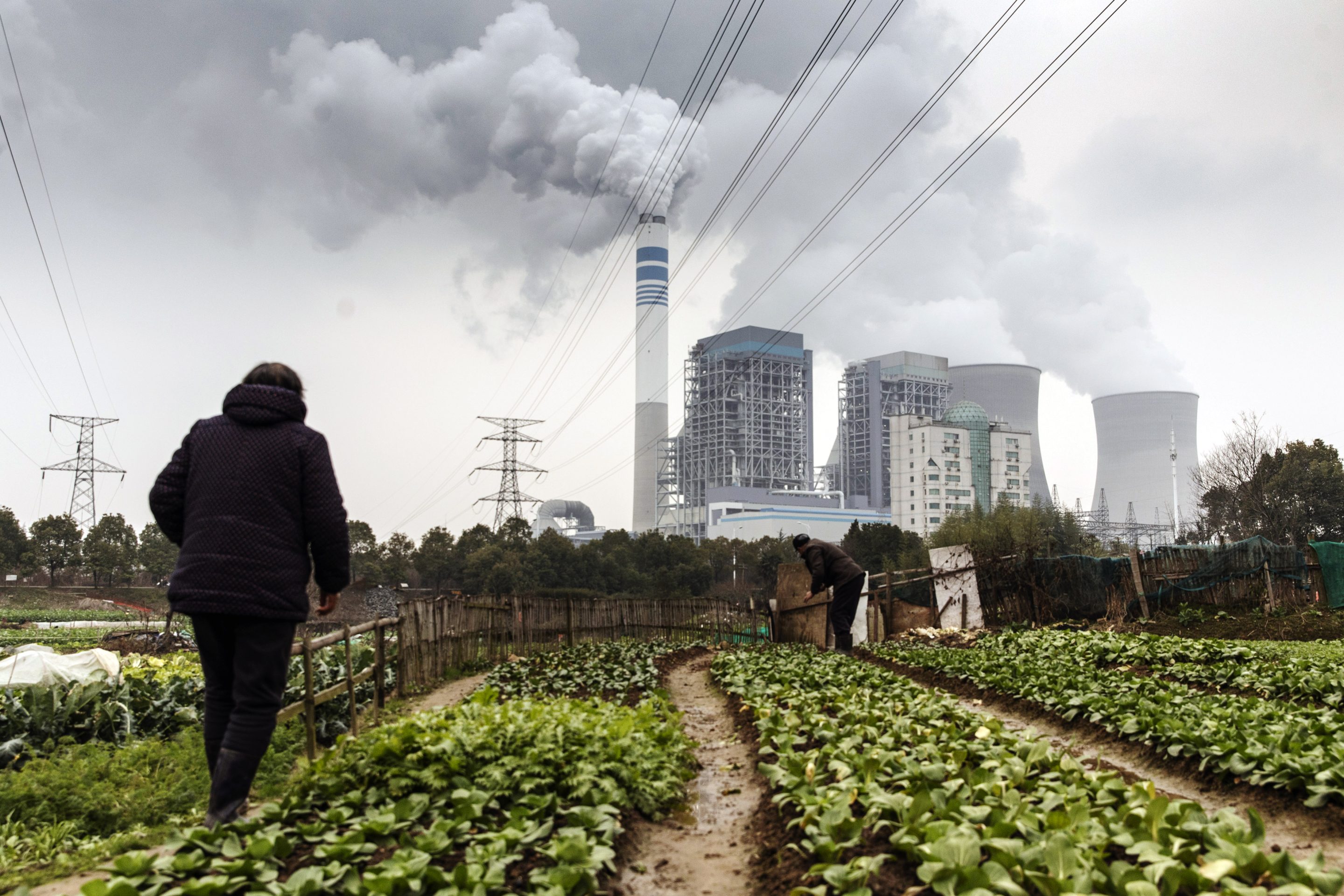 People tend to vegetables growing in a field as emission rises from cooling towers at a coal-fired power station in Tongling, Anhui province, China, on Jan. 16, 2019.