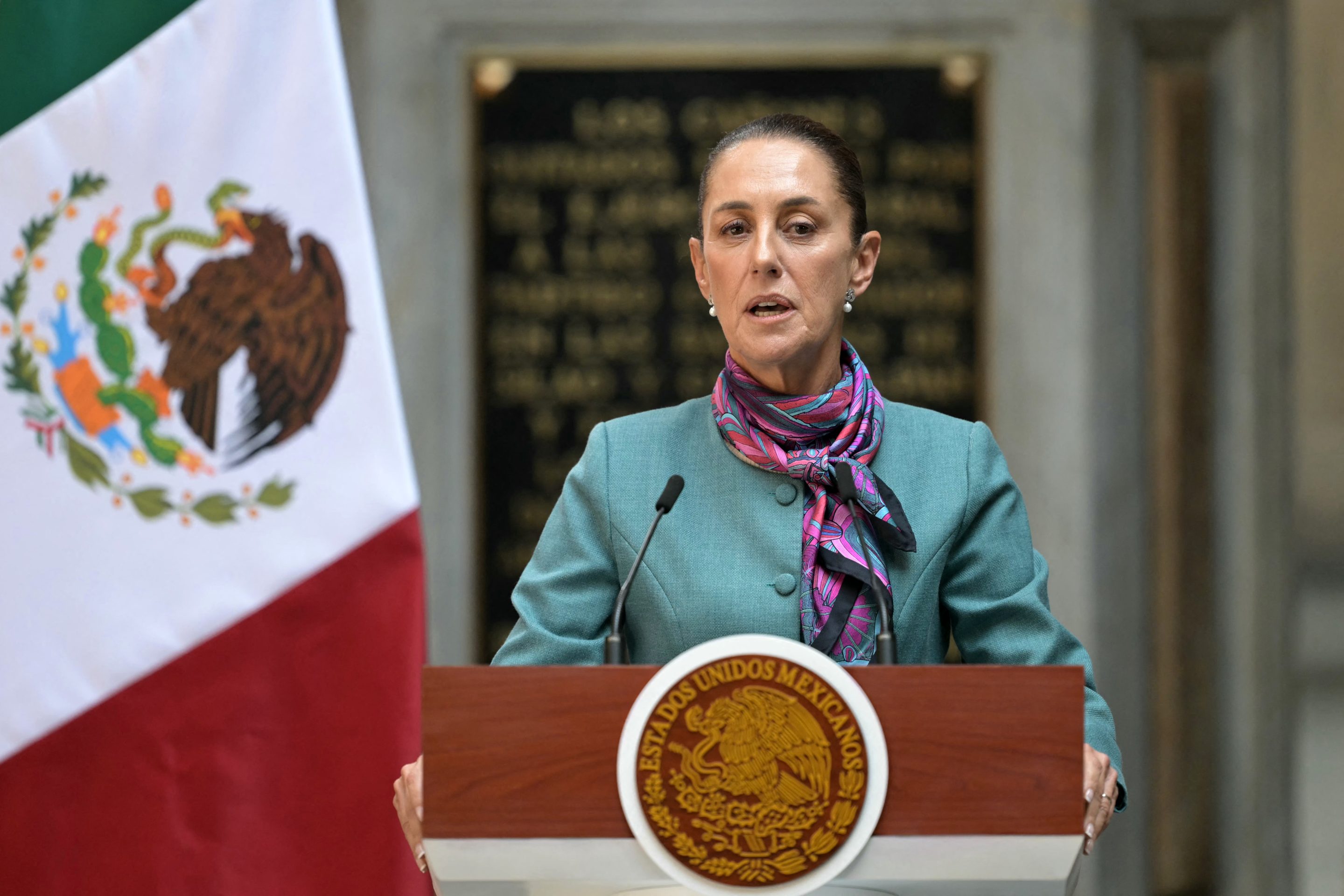 Mexican President Claudia Sheinbaum speaks during the High Level Summit between Mexican and US leaders and businessmen at the National Palace in Mexico City on Oct. 15, 2024.