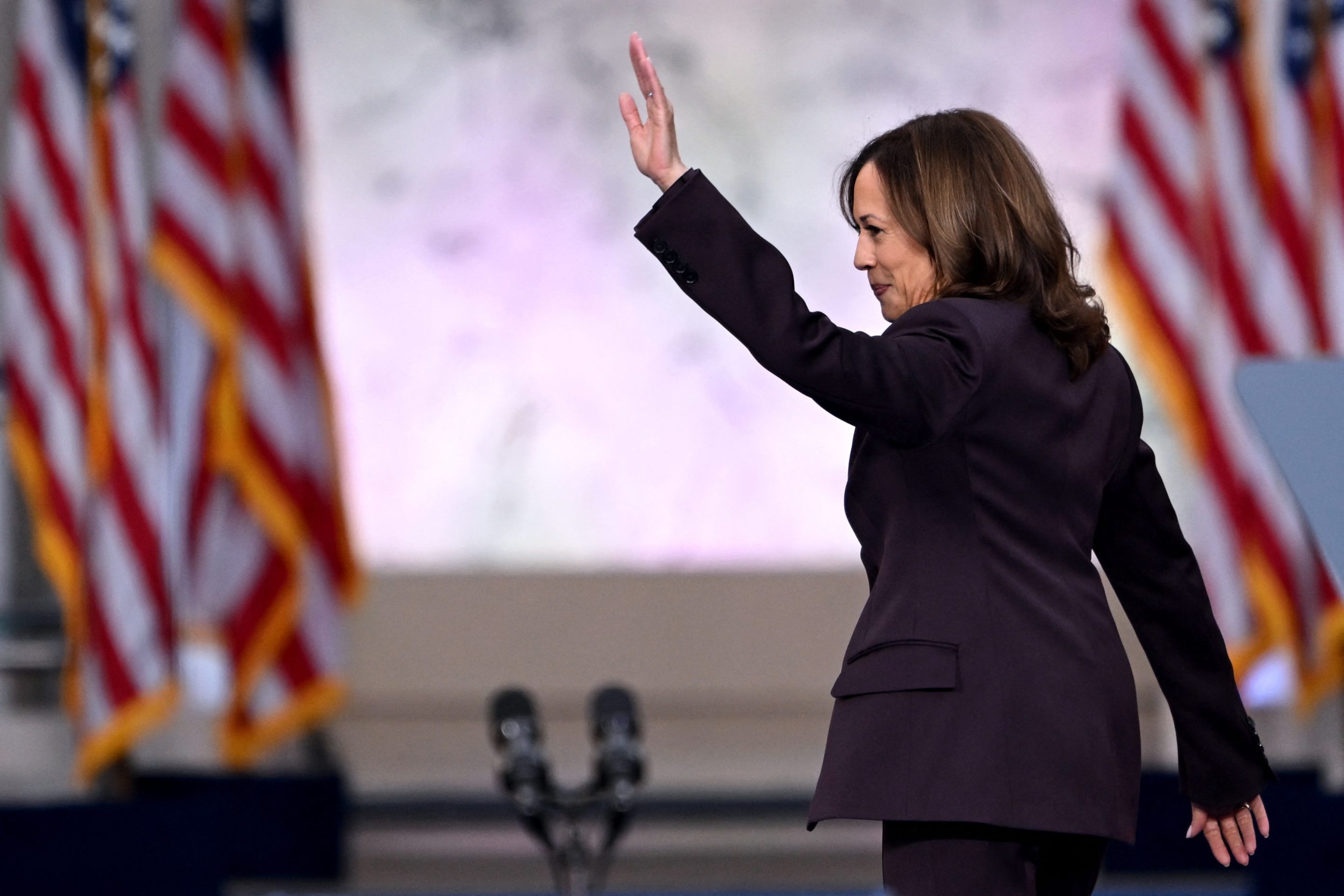 U.S. Vice President and Democratic presidential candidate Kamala Harris waves at supporters as she walks off stage at Howard University on Nov. 6 after Donald Trump defeated her in a sweeping victory.