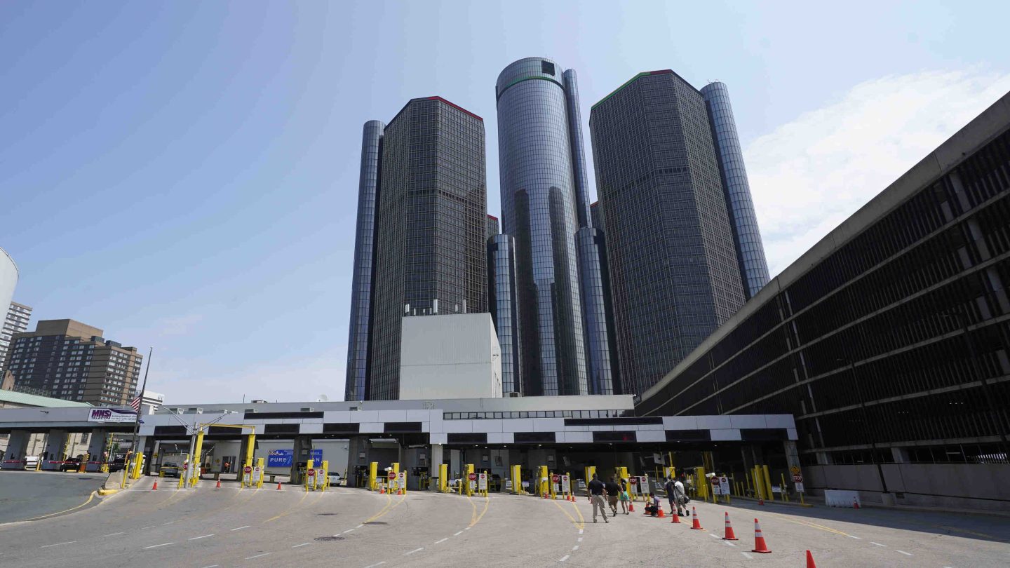 The Renaissance Center is shown near the Detroit-Windsor tunnel plaza in Detroit, Aug. 9, 2021.