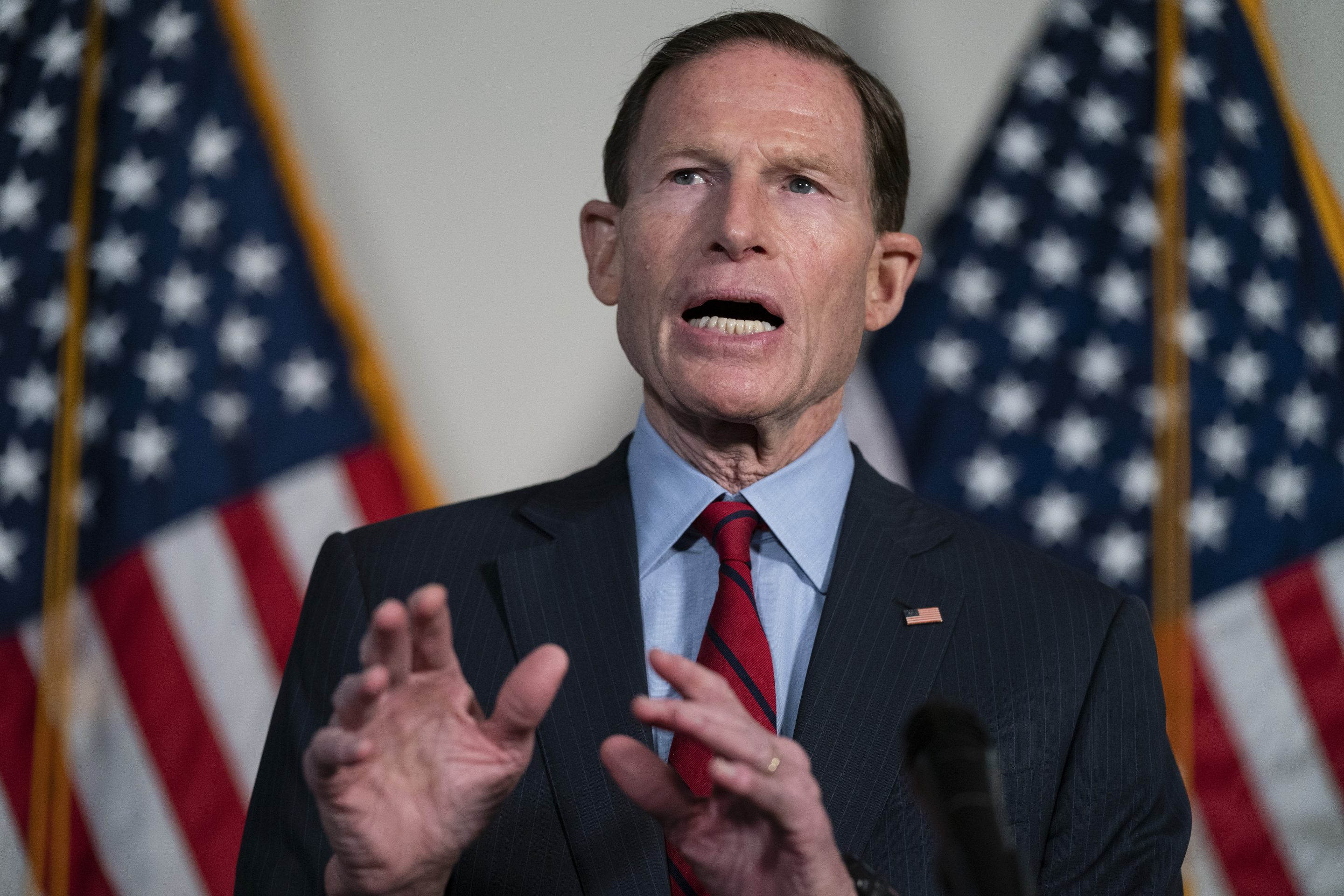 Sen. Richard Blumenthal, D-Conn., speaks during a news conference on Capitol Hill, Feb. 1, 2022, in Washington.