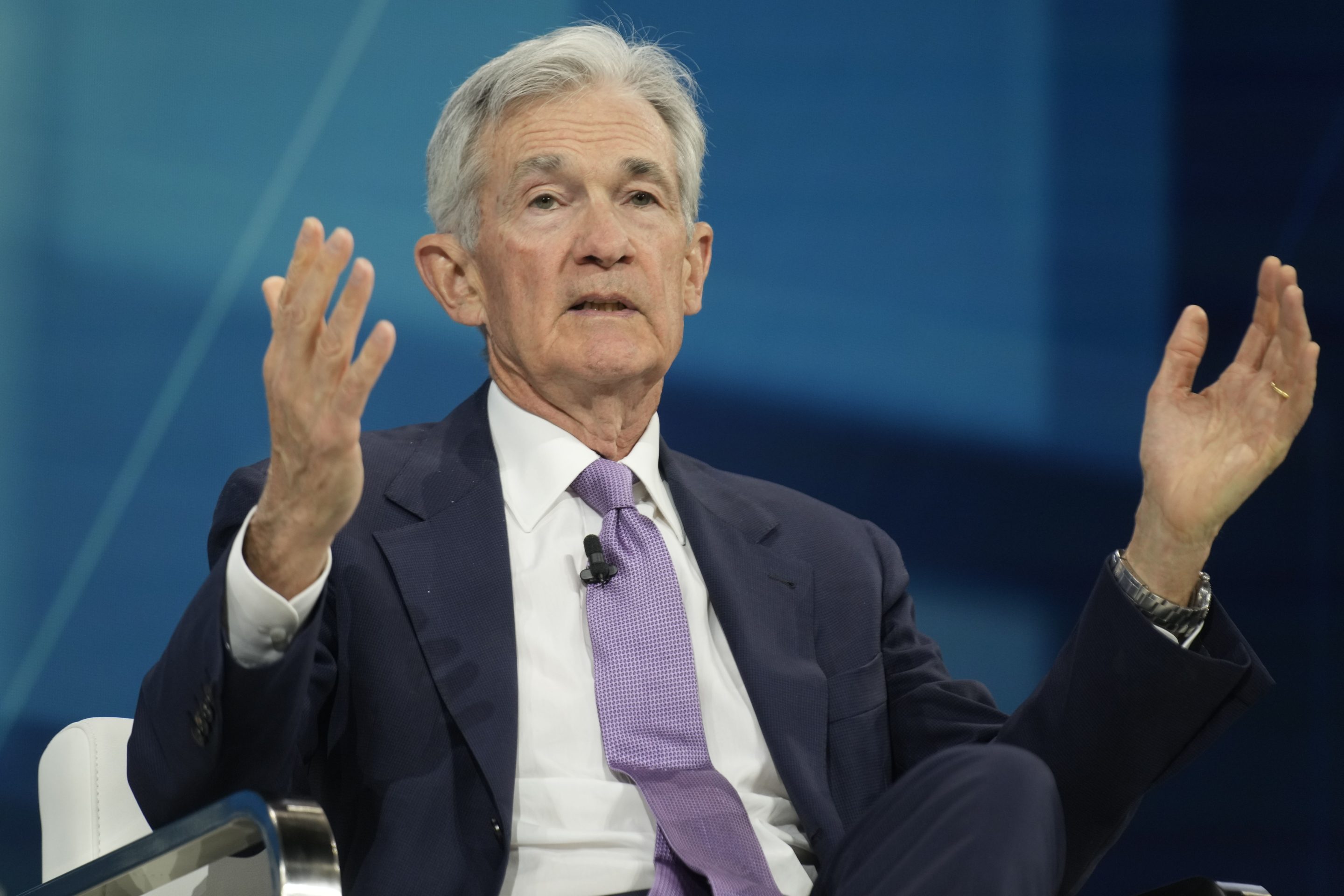 Federal Reserve chair Jerome Powell speaks at the DealBook Summit in New York, on Dec. 4, 2024. 