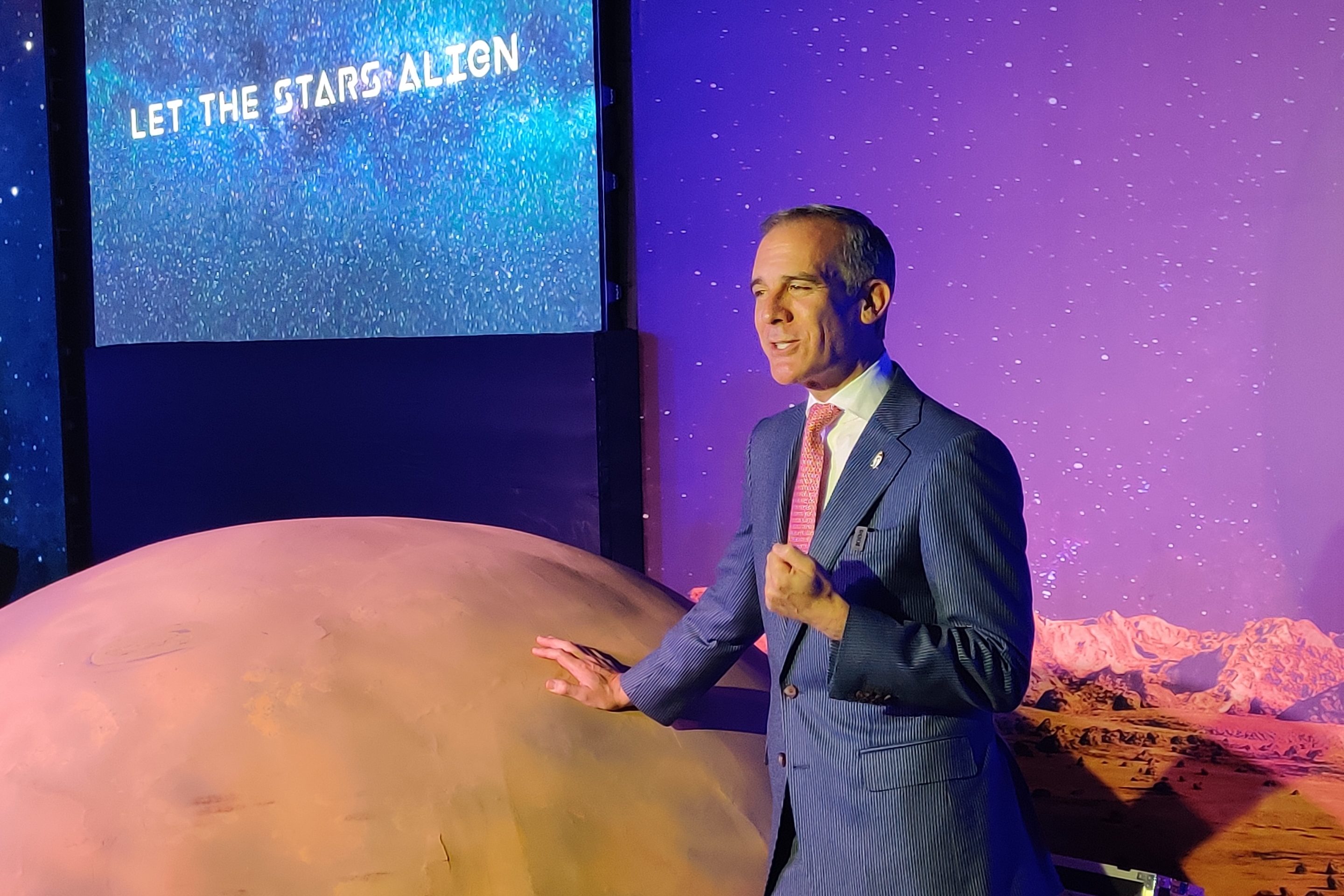 Outgoing U.S. Ambassador to India Eric Garcetti speaks about growing U.S.-India cooperation in space technology in New Delhi in July.