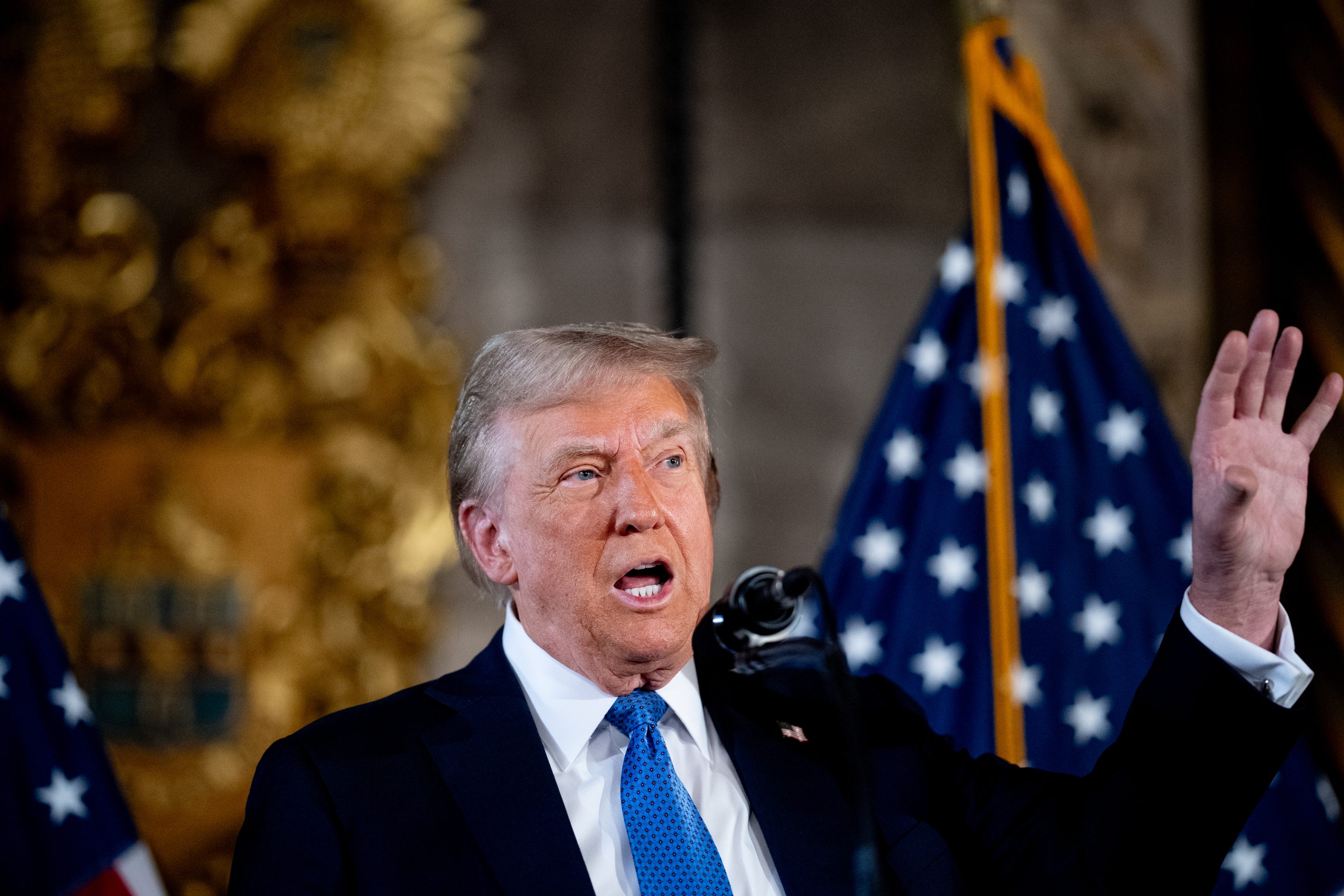 President-elect Donald Trump speaks at a news conference at Trump's Mar-a-Lago resort on Dec. 16, 2024 in Palm Beach, Fla.