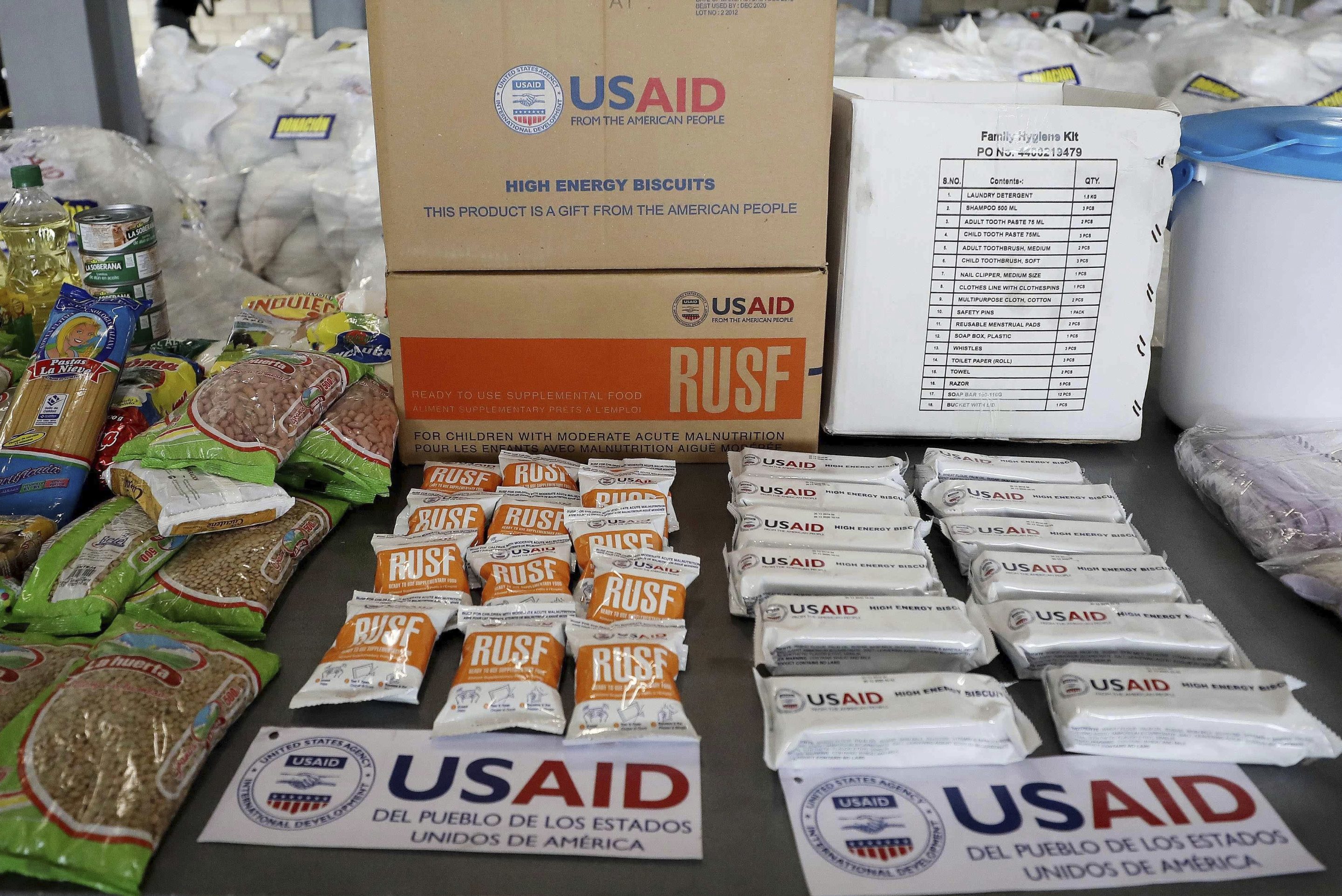 USAID humanitarian aid destined for Venezuela is displayed for the media at a warehouse next to the Tienditas International Bridge on the outskirts of Cucuta, Colombia, Feb. 19, 2019.