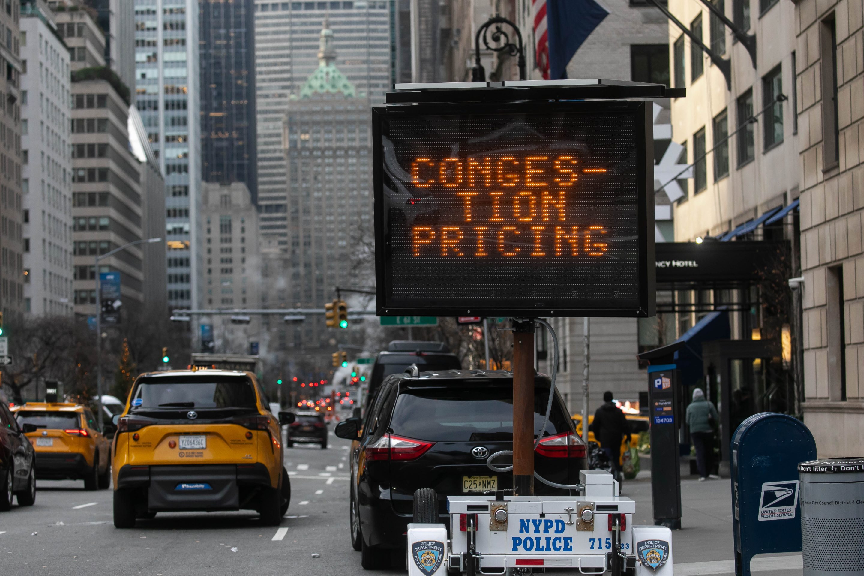 A congestion pricing sign on Park Avenue in New York on Jan. 3, 2024.