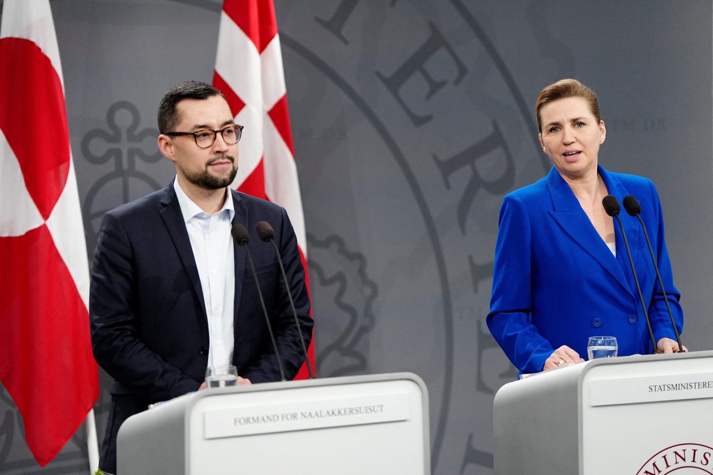 Danish Prime Minister Mette Frederiksen (R) and Greenlandic Prime Minister Mute Bourup Egede address a press conference in the Mirror Hall at the Prime Minister's Office, at Christiansborg in Copenhagen, on January 10, 2025.