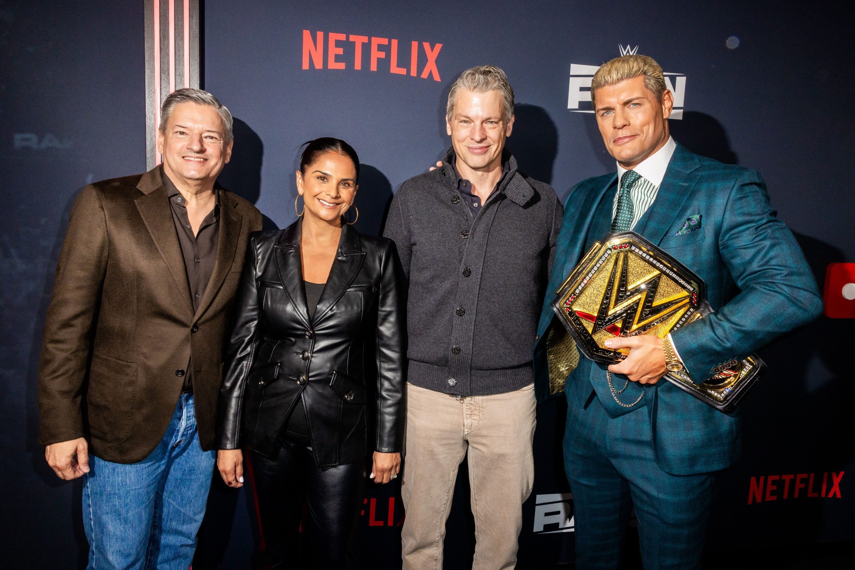 From left: Netflix co-CEO Ted Sarandos, Netflix CCO Bela Bajaria, Netflix co-CEO Greg Peters, and Cody Rhodes at Netflix's Debut of WWE Monday Night Raw at Intuit Dome on January 06, 2025 in Inglewood, California. (Photo: Roger Kisby/Getty Images/Netflix)