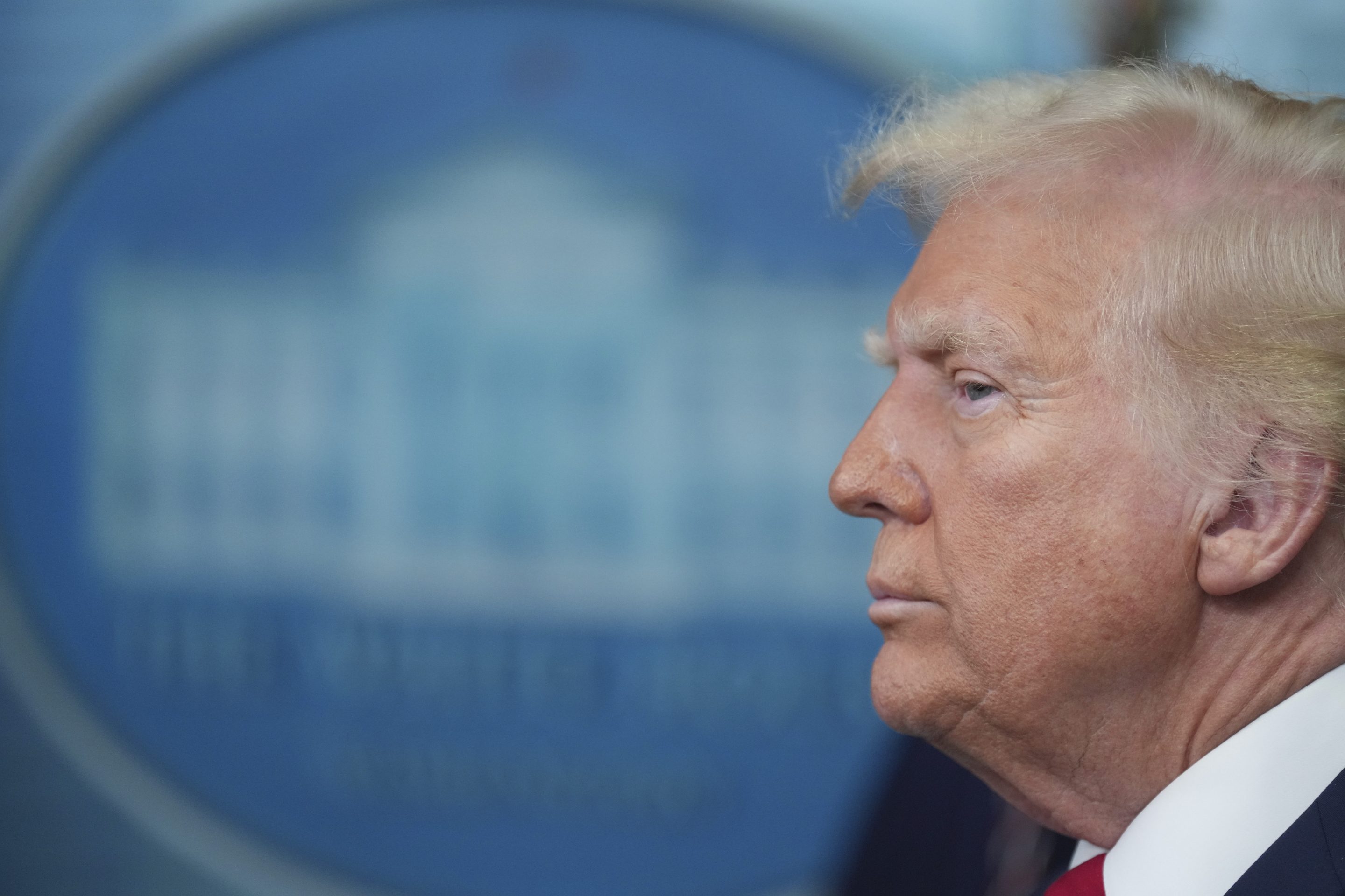 President Donald Trump in the James Brady Press Briefing Room at the White House on Thursday.