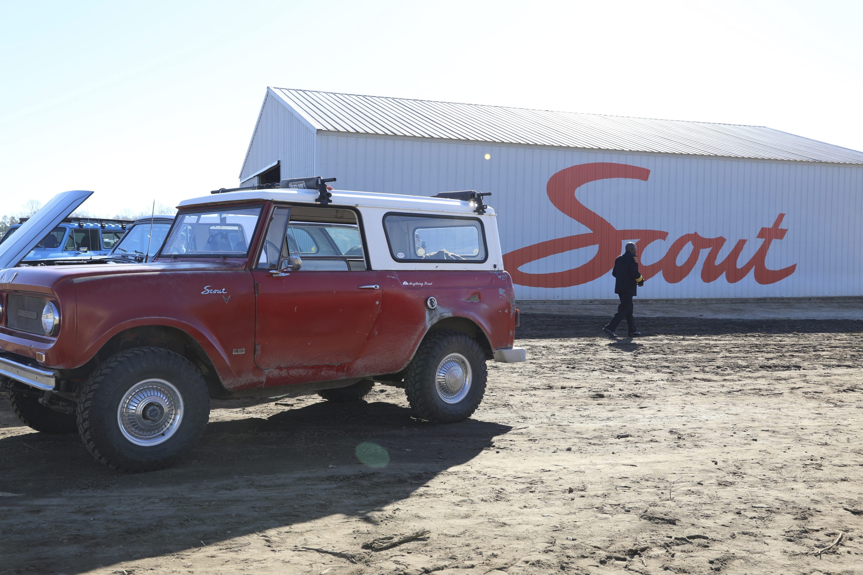 Scout Motors shows off one of its older gasoline powered models at a ceremony to celebrate the start of construction of its new electric SUV, Feb. 15, 2024, in Blythewood, S.C.