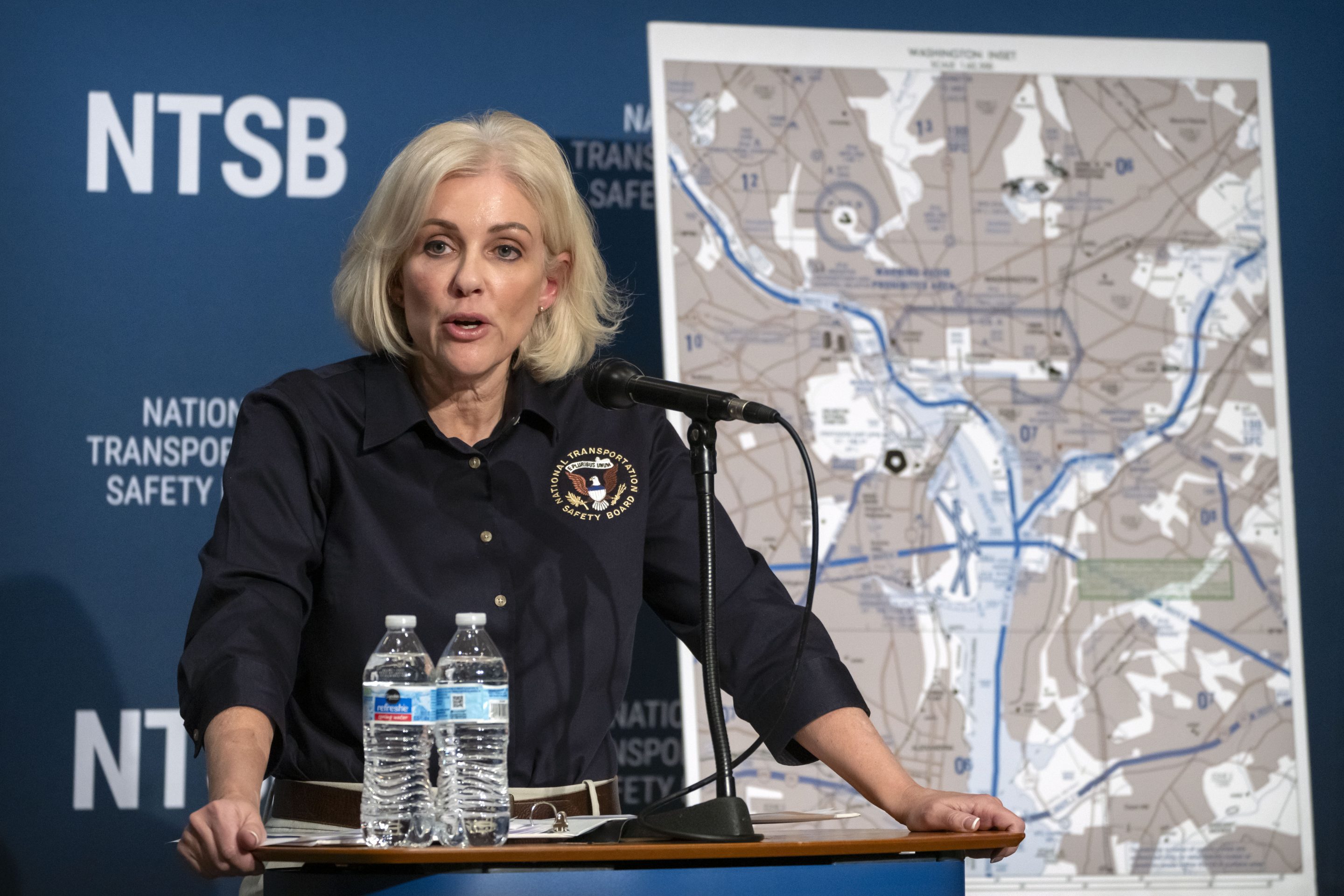 National Transportation Safety Board Chair Jennifer Homendy speaks during a news conference at NTSB headquarters Friday.