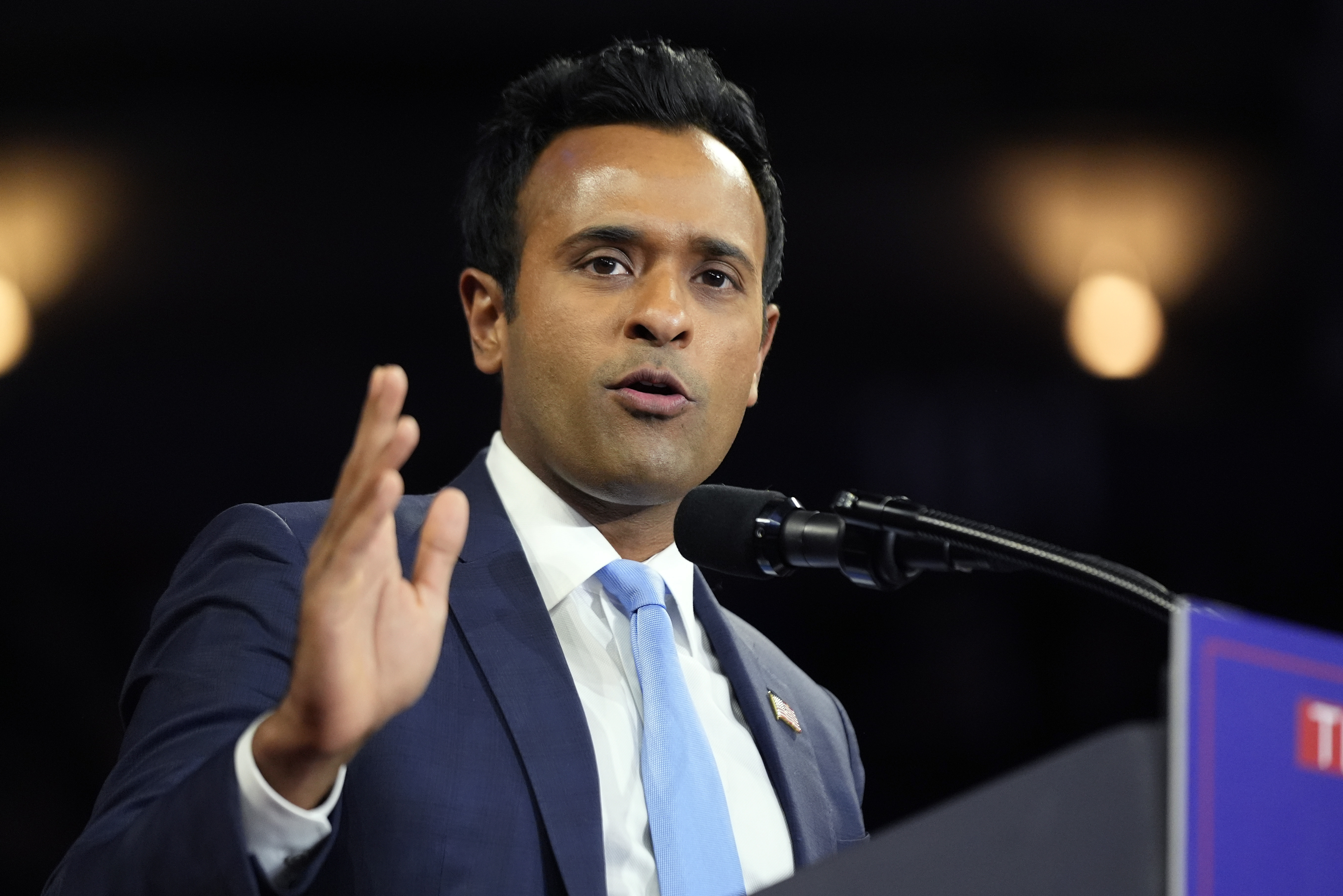 Vivek Ramaswamy speaks before Republican presidential nominee former President Donald Trump at a campaign rally at the Santander Arena, Oct. 9, 2024, in Reading, Pa.