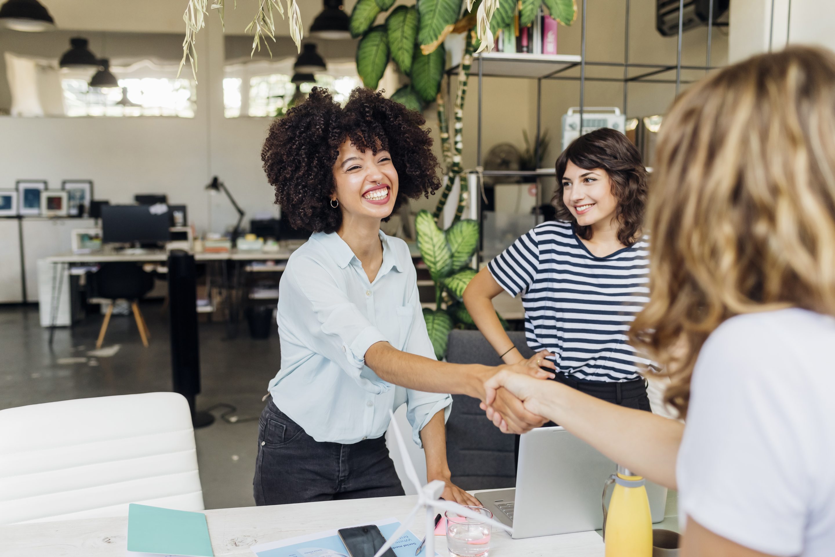Job-seeker happy at interview.