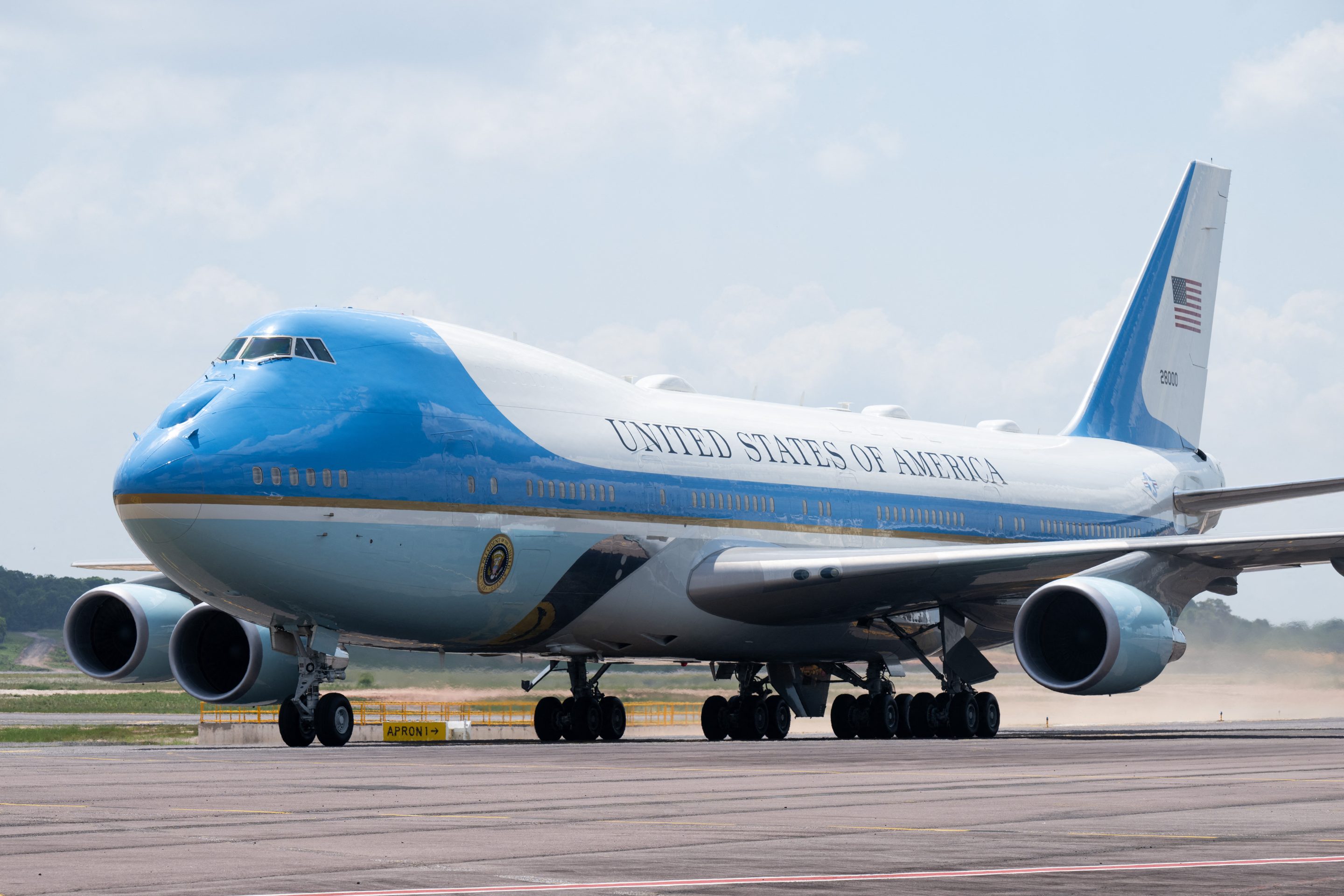 Air Force One sits on a tarmac