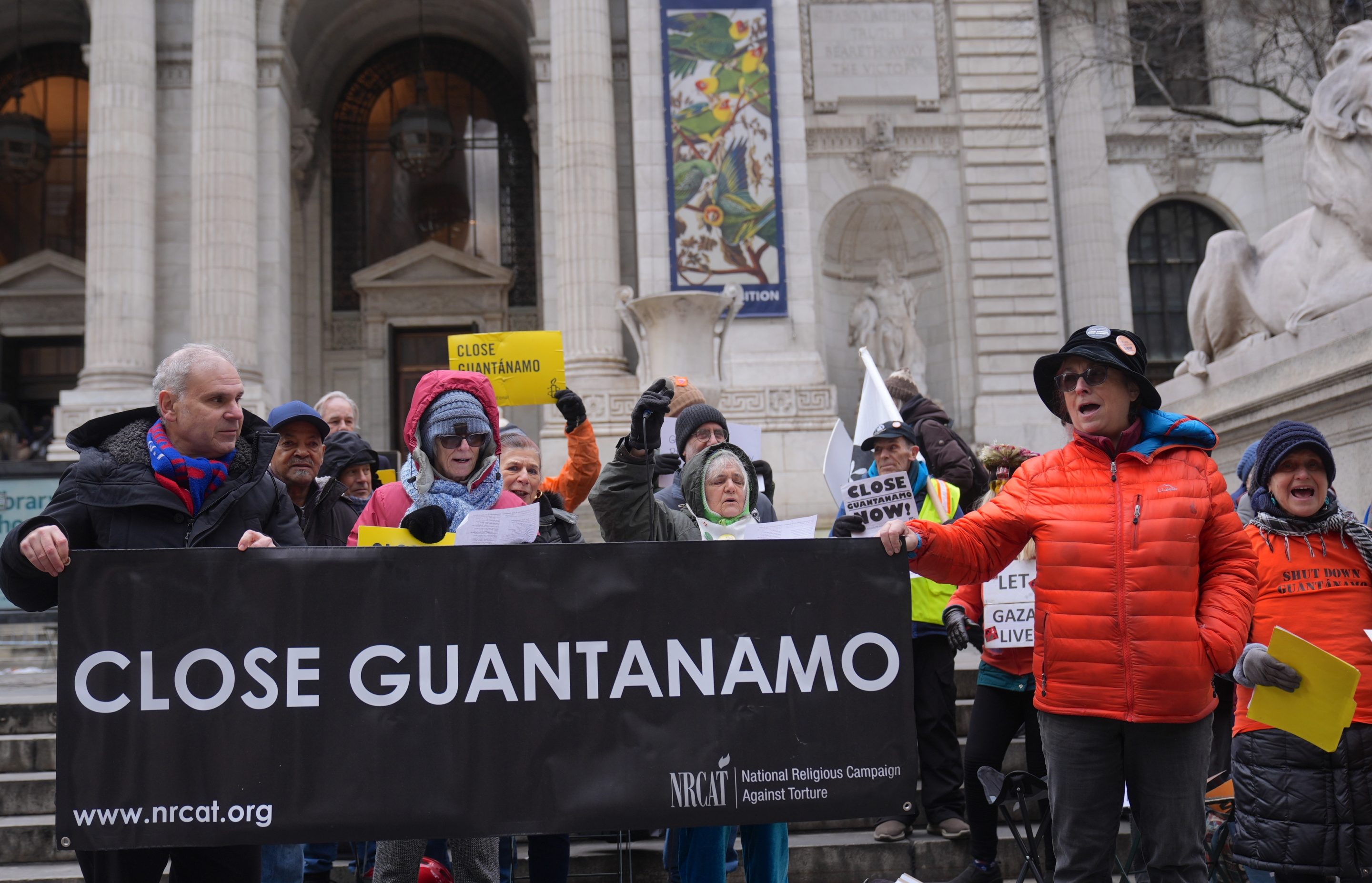 A group of peace activists gathered in front of the New York Public Library to protest the Guantanamo Bay detention camp