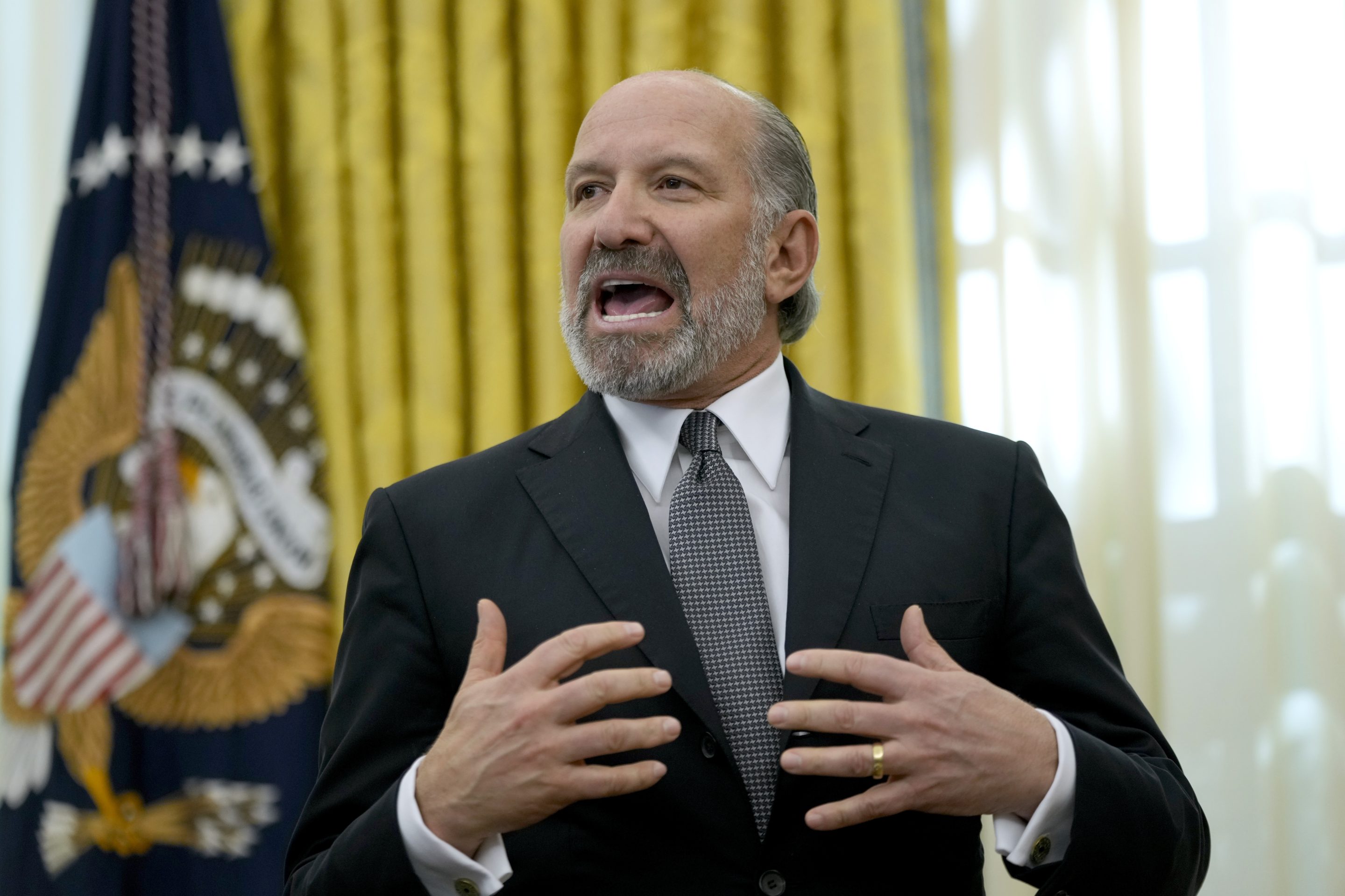 Howard Lutnick speaks in the Oval Office on Feb. 13.