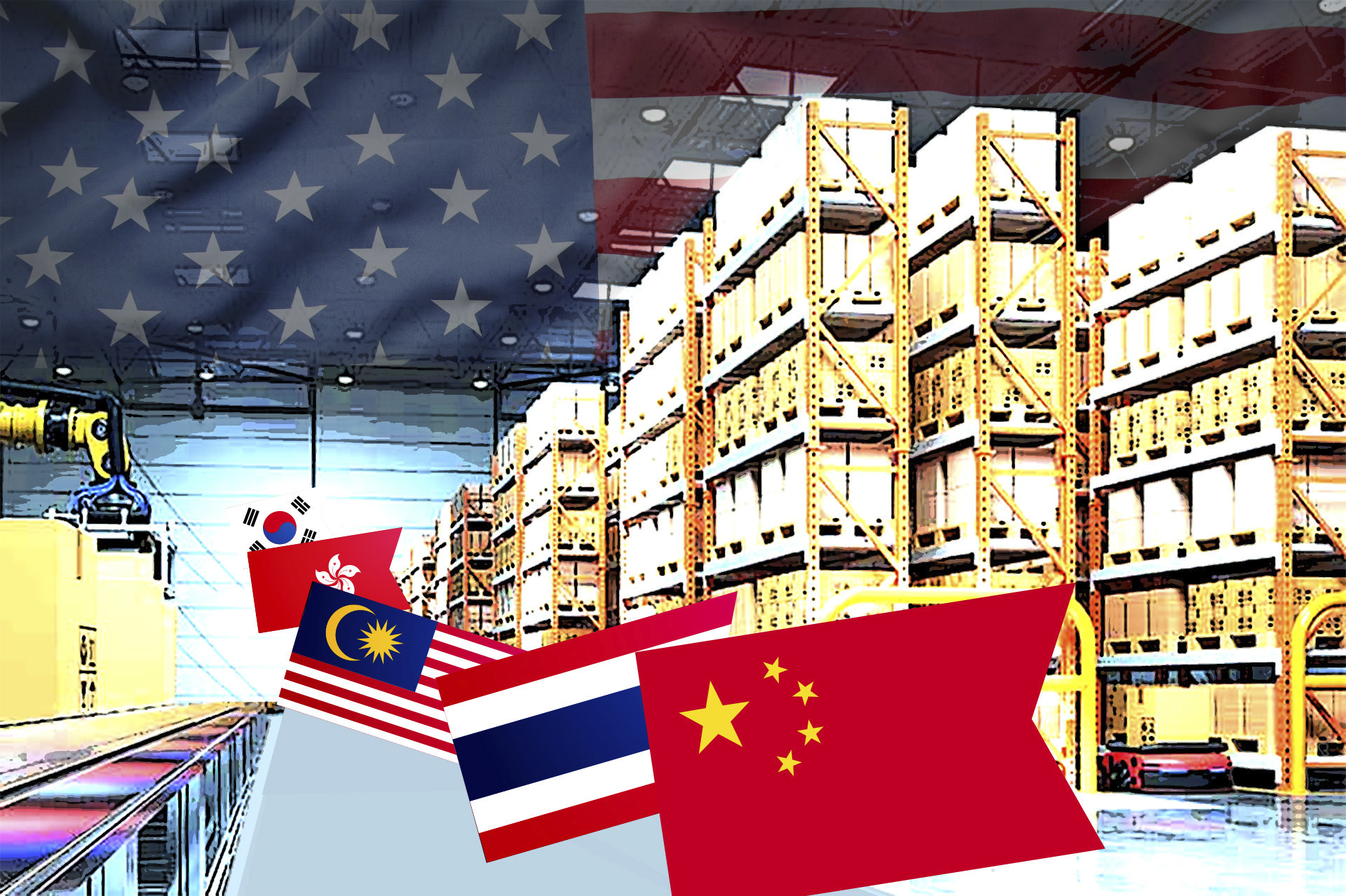 Asian flags strolling into a US warehouse