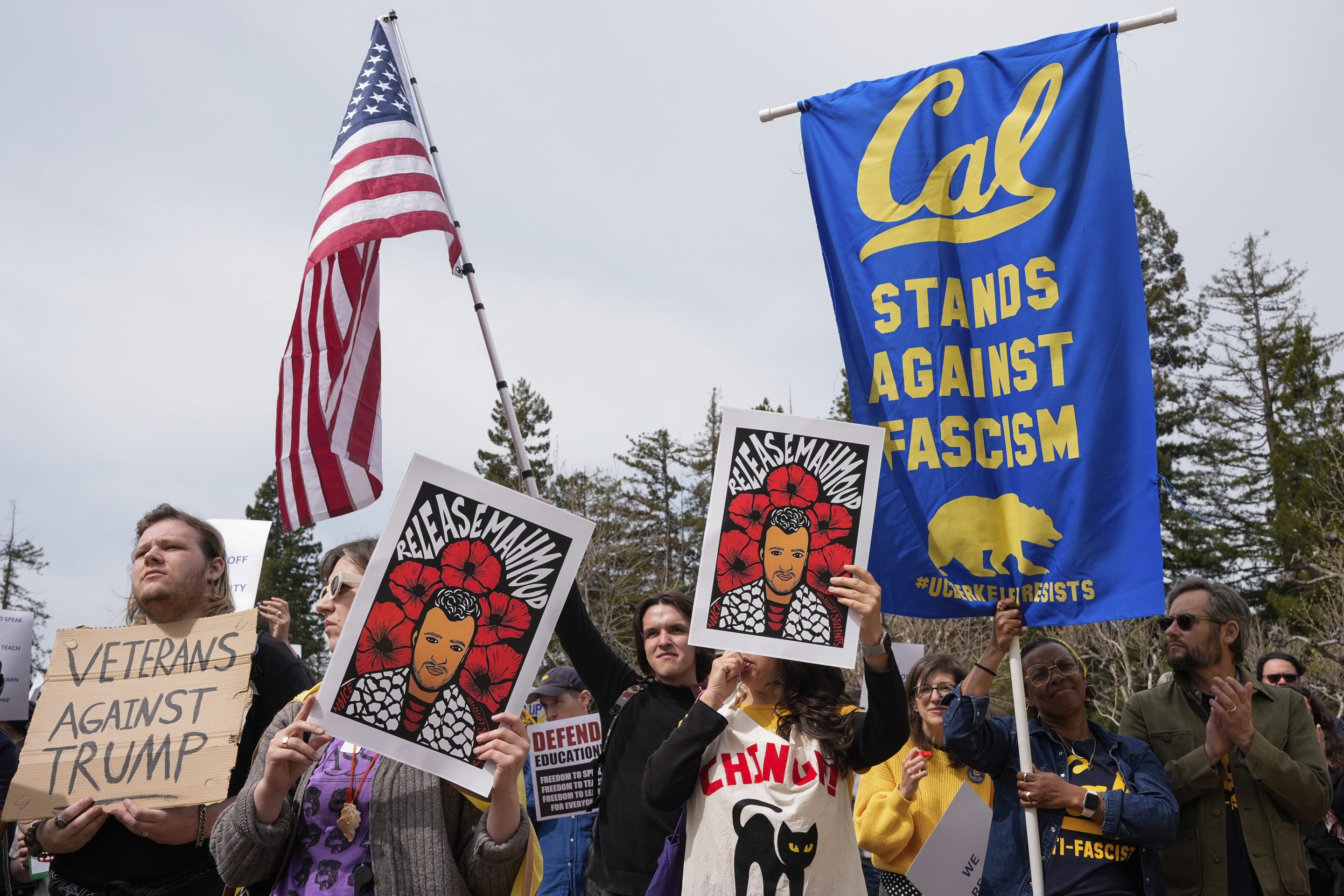 People rally at the University of California, Berkeley campus to protest the Trump administration on March 19, 2025, in Berkeley, Calif.