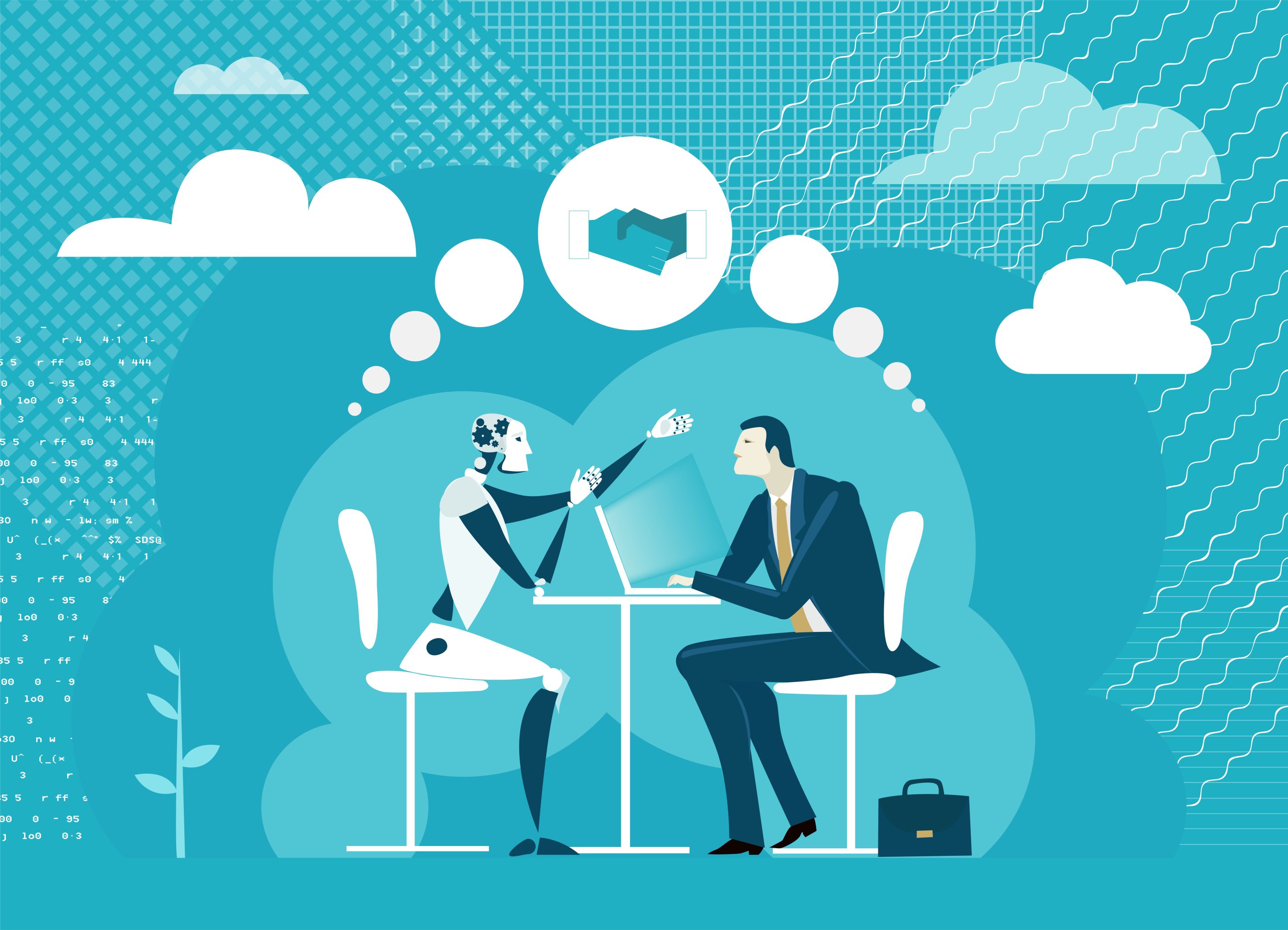 Businessman sharing ideas with AI robot