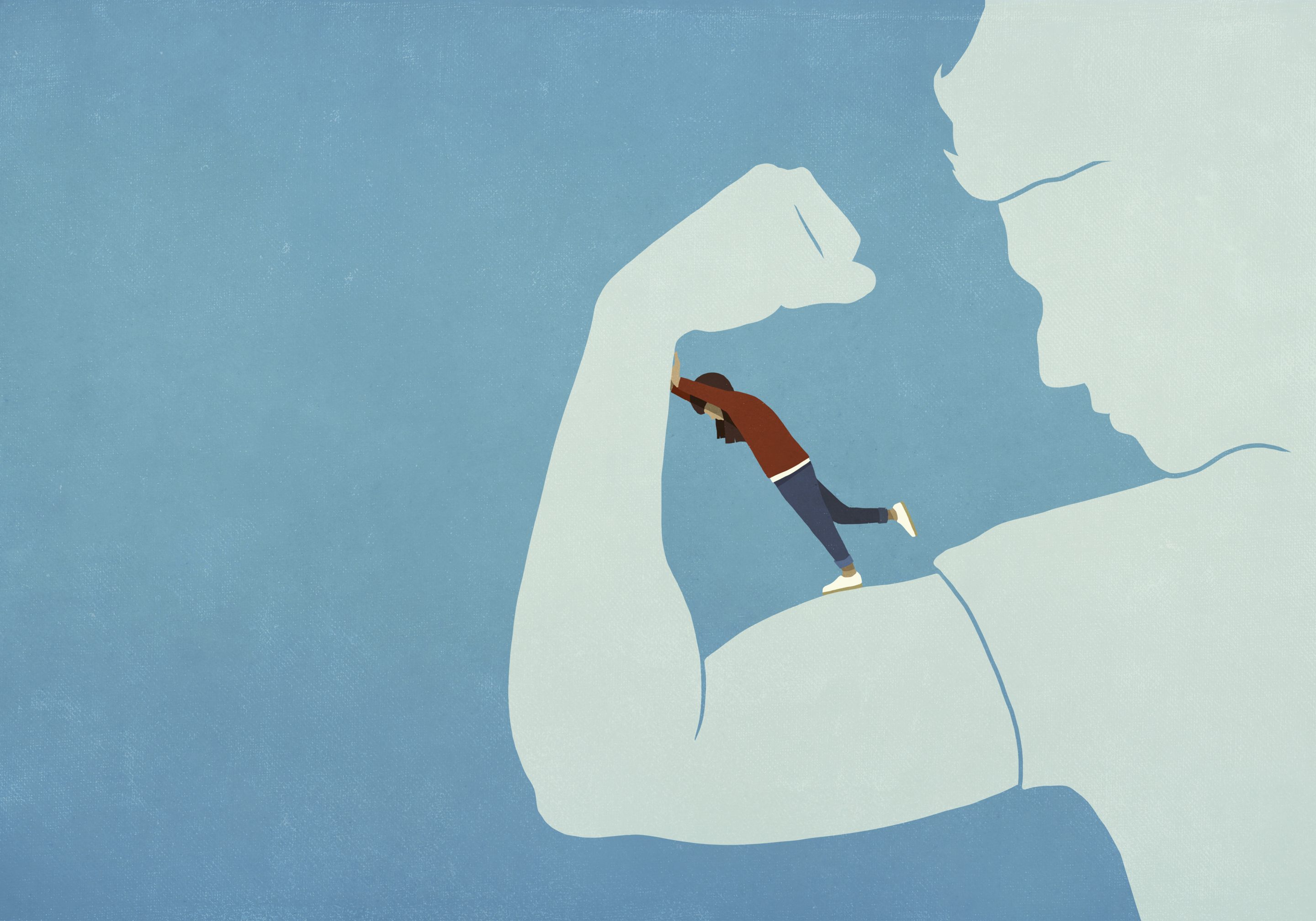 An image of a woman resisting the flexing biceps of man to show power dynamic struggles.