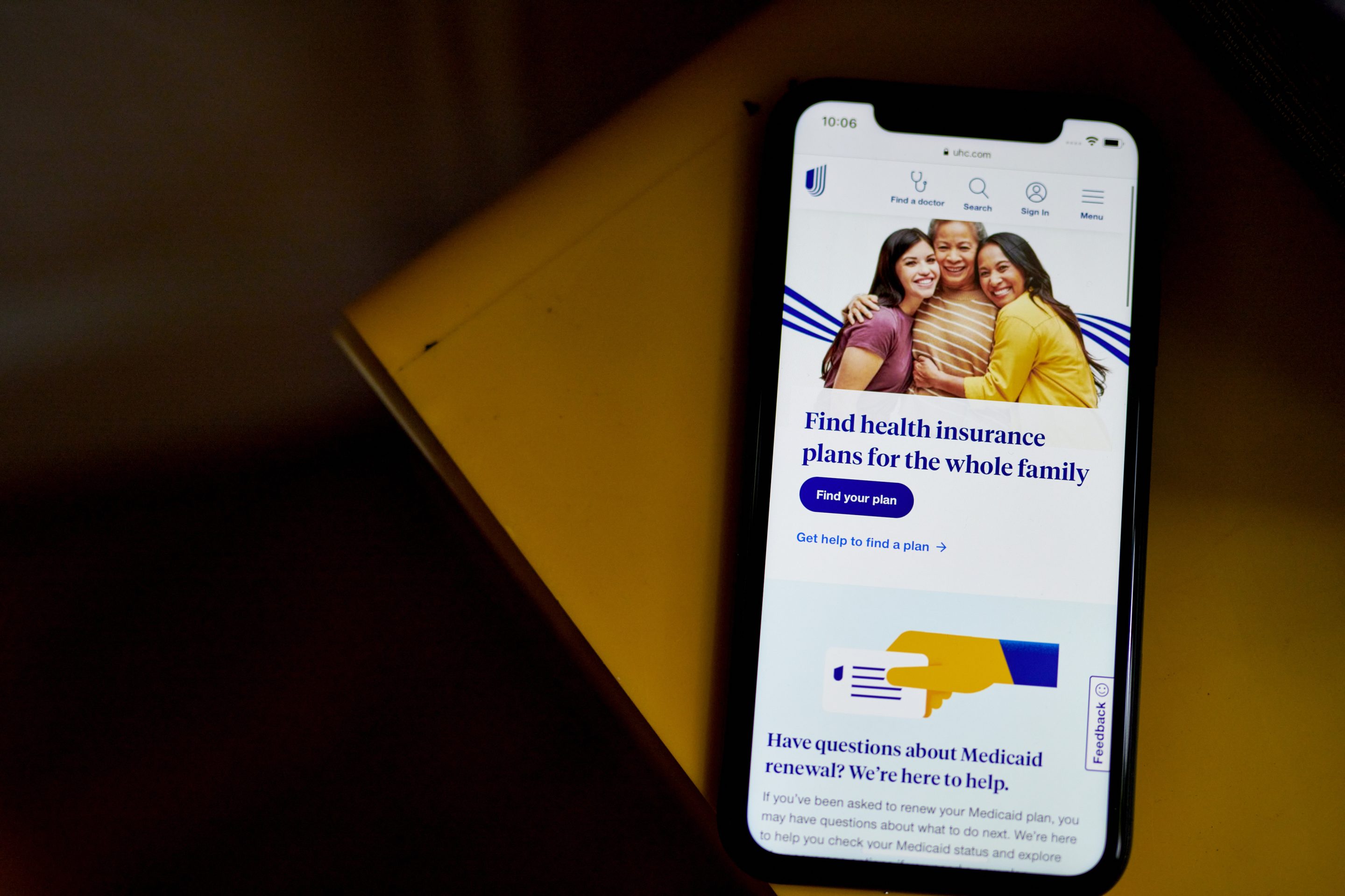 The UnitedHealth website on a smartphone.