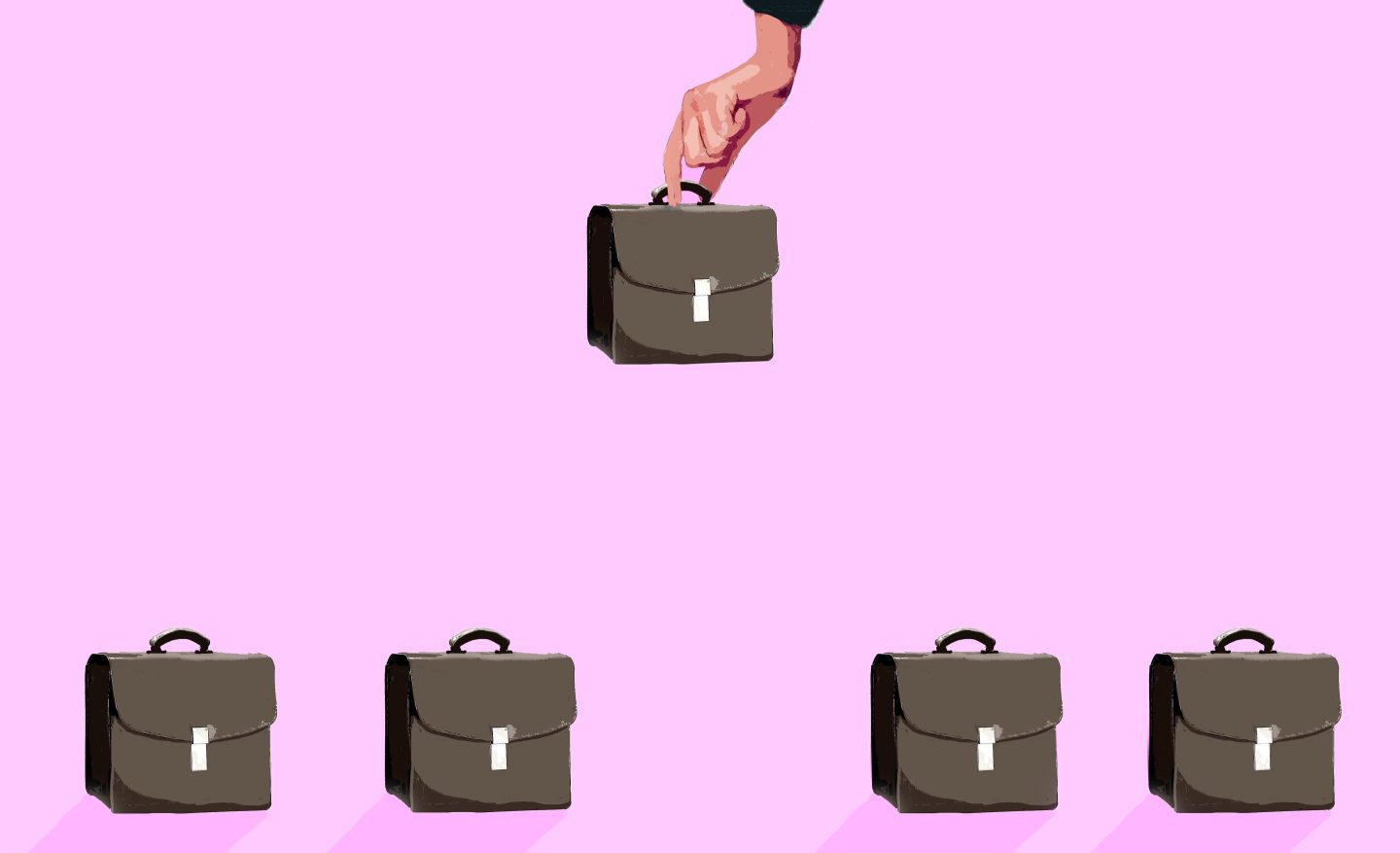 A hand reaching for a briefcase to suggest choosing a job applicant.