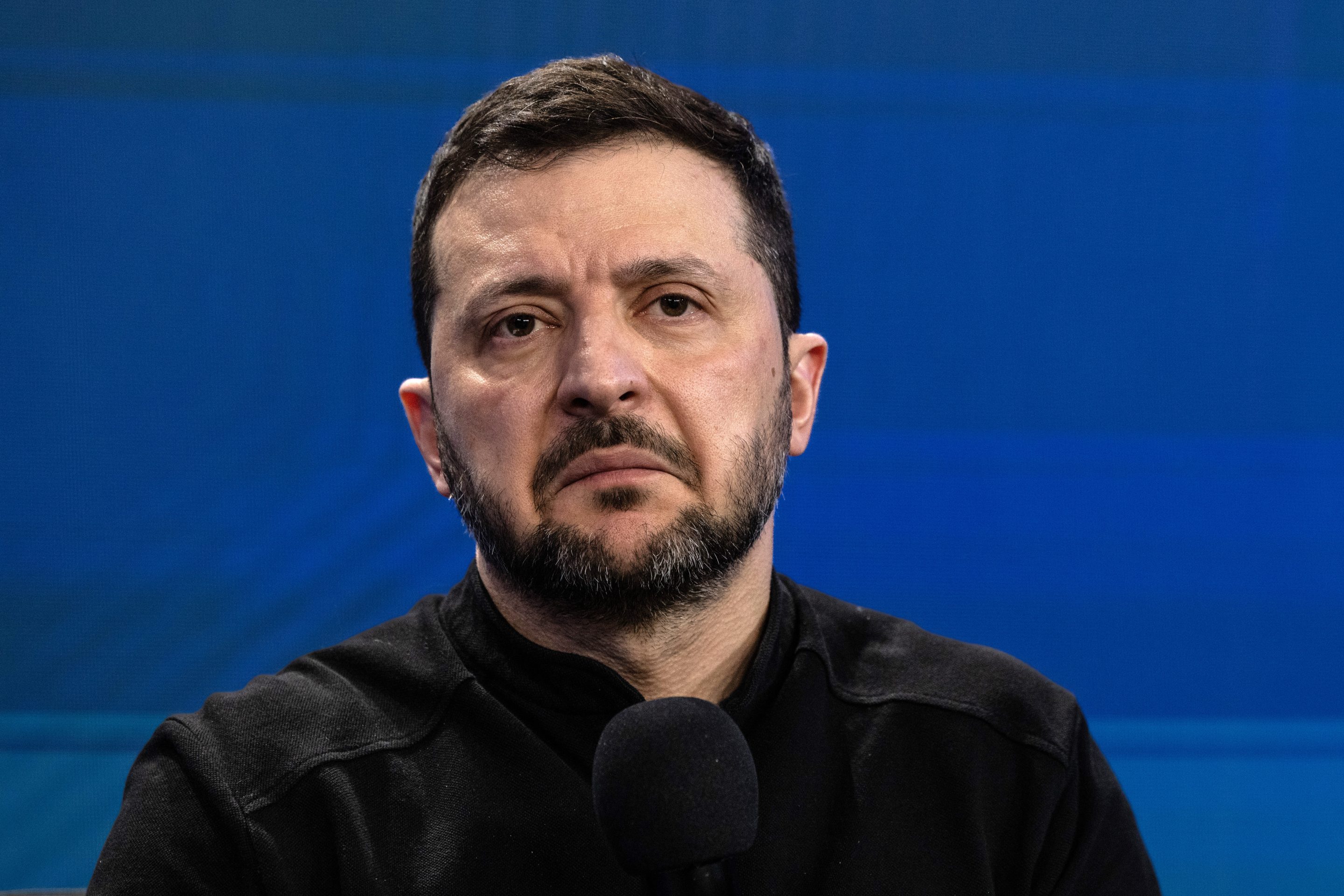 Ukraine President Volodymyr Zelensky speaks during a press conference on Feb. 23 in Kyiv, Ukraine.