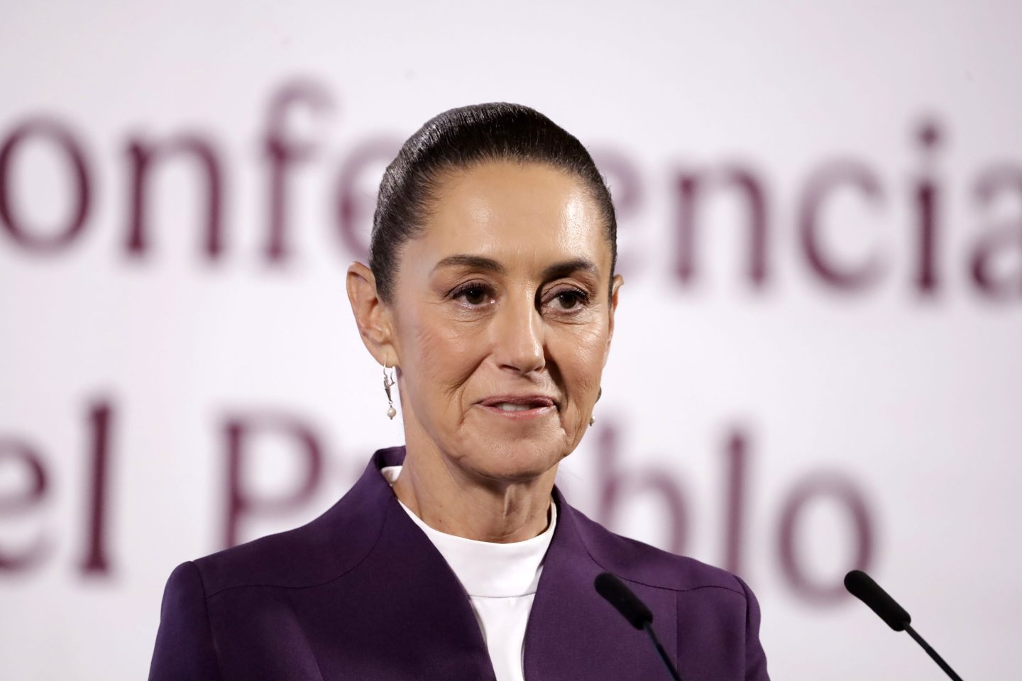 Mexican President Claudia Sheinbaum Pardo announcing that Mexico will hit back at US President Donald Trump's tariffs during a briefing conference at the National Palace. on March 4, 2025 in Mexico City, Mexico.