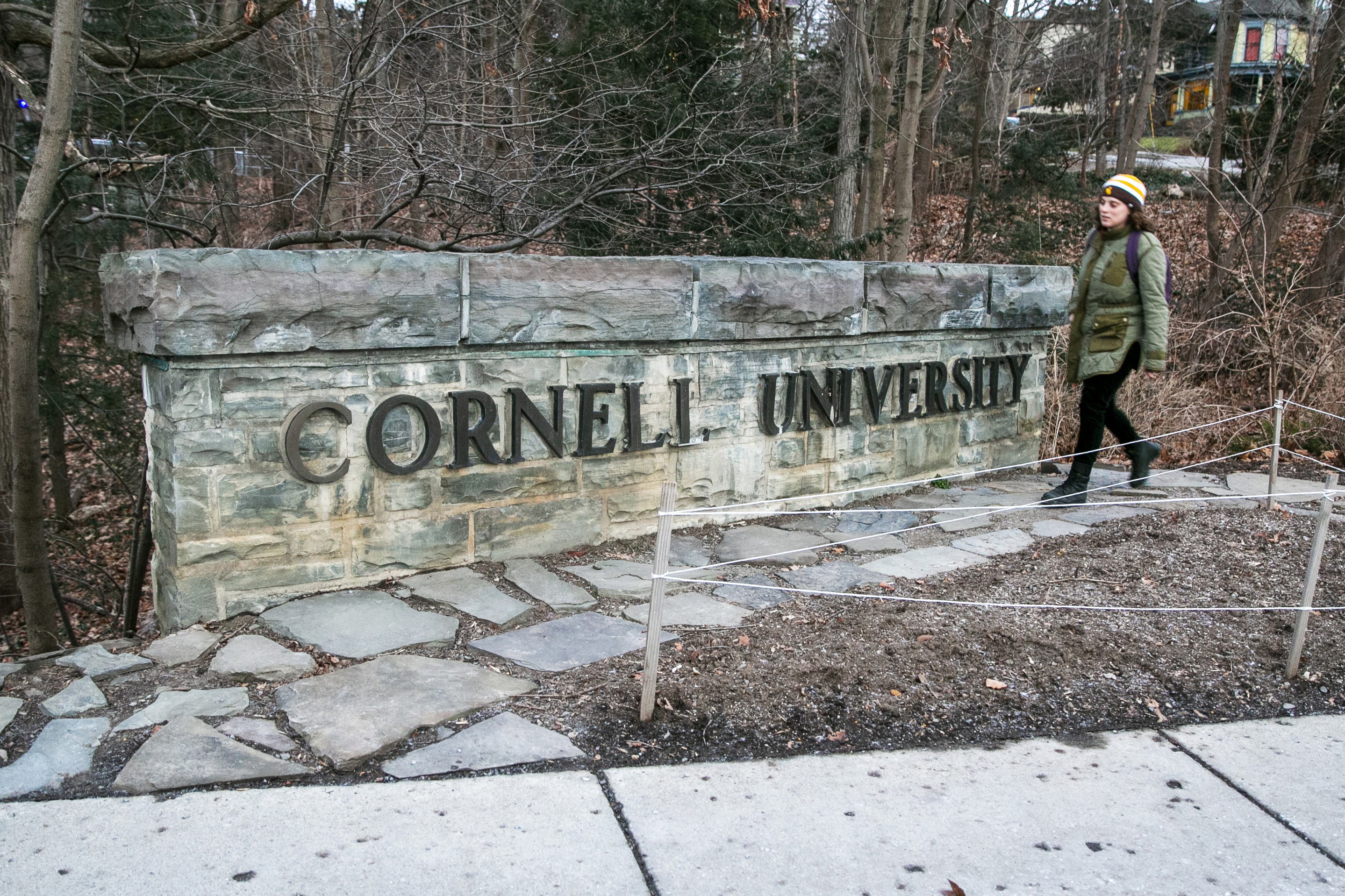 A woman walks by a Cornell University sign on the Ivy League school's campus in Ithaca, New York, on Jan. 14, 2022.   