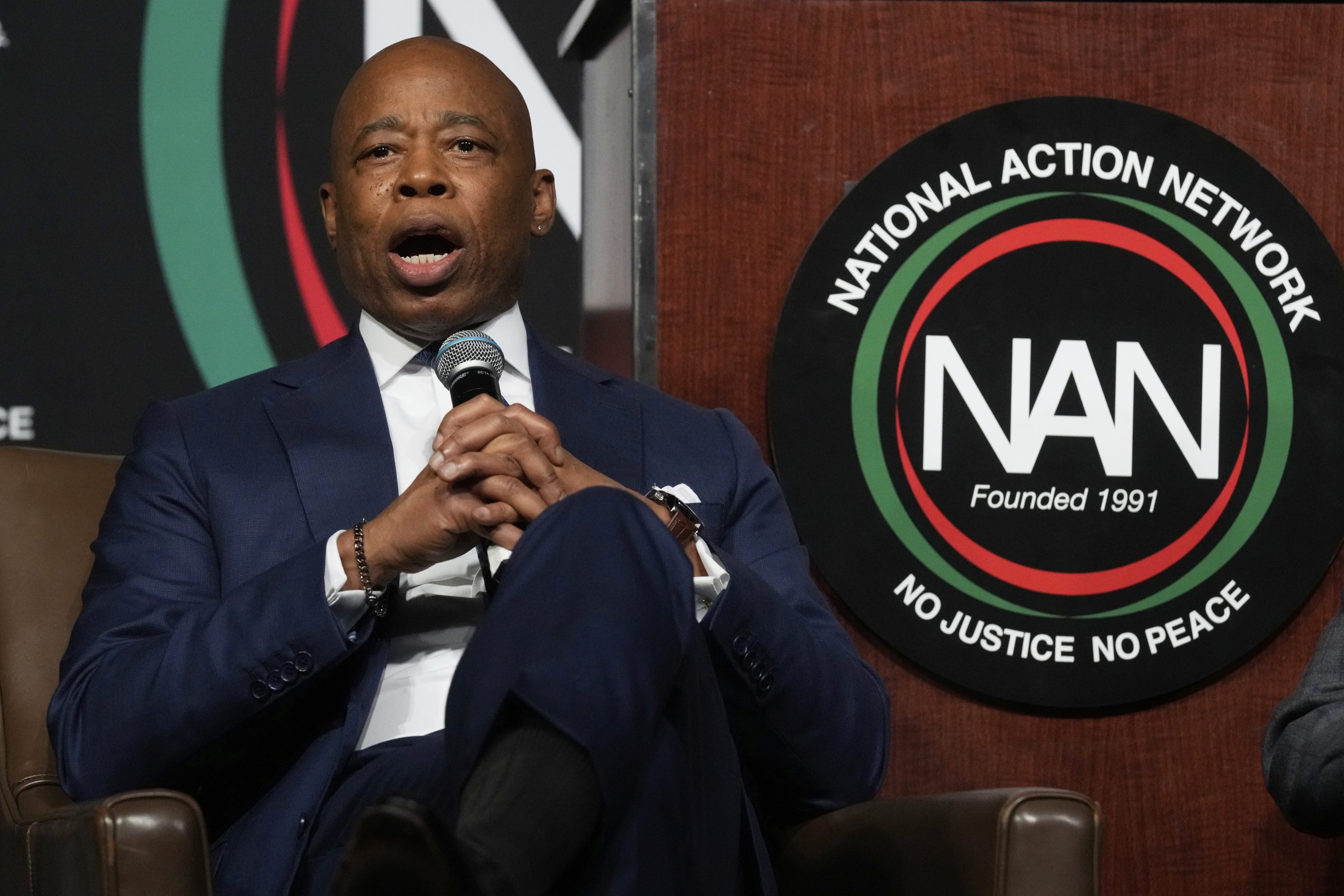 New York Mayor Eric Adams speaks during the New York City Mayoral Candidates Forum at the National Action Network National Convention, on April 3, 2025 in New York.