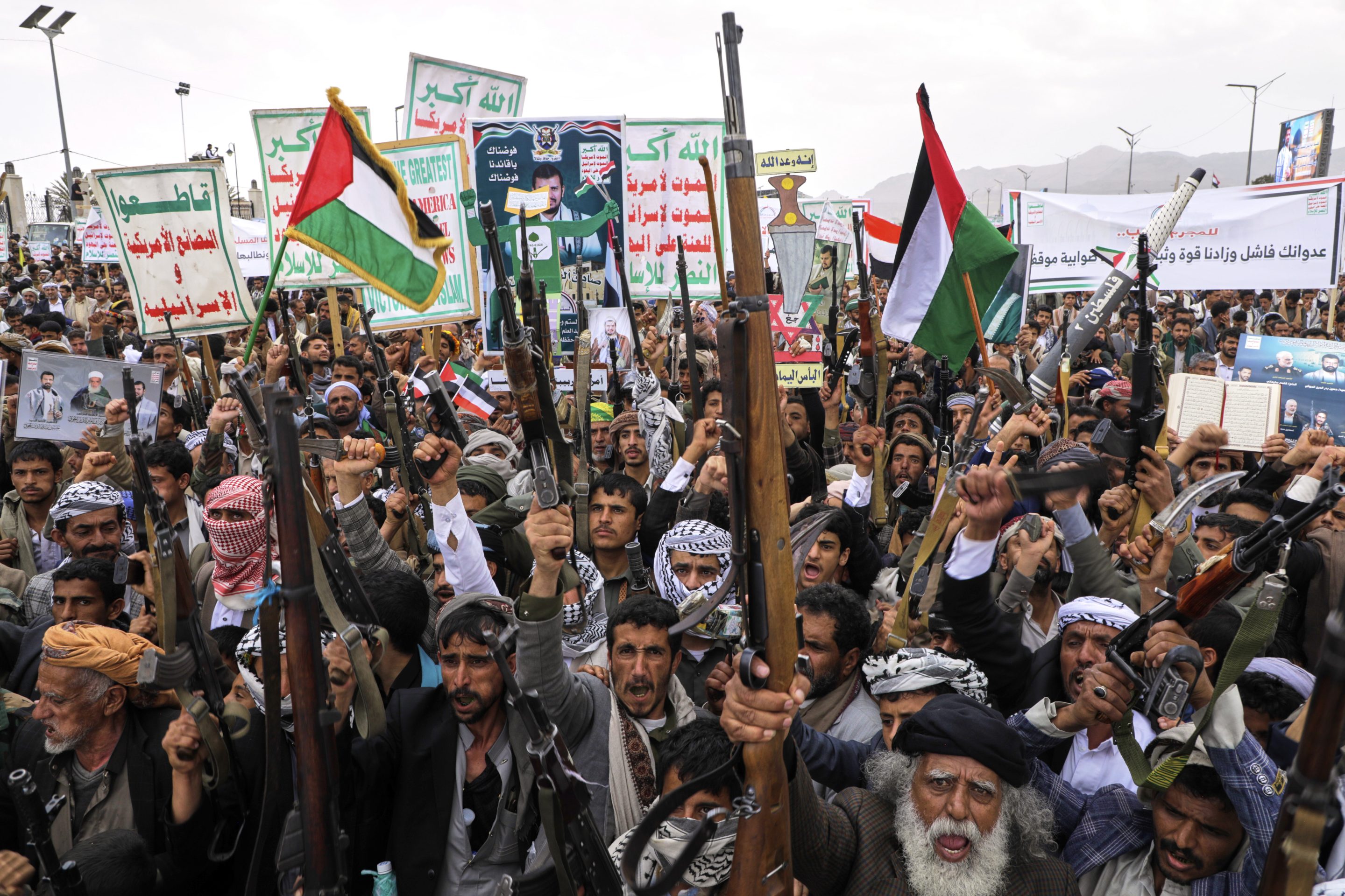 Houthi supporters chant slogans during a weekly, anti-U.S. and anti-Israel rally in Sanaa, Yemen, on April 18, 2025.