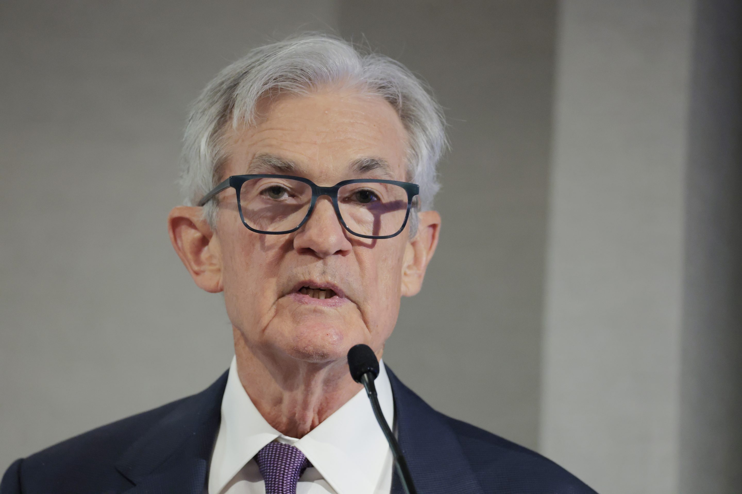 Federal Reserve Chairman Jerome Powell speaks during a Society for Advancing Business Editing and Writing Annual Conference on April 4 in Arlington, Virginia.