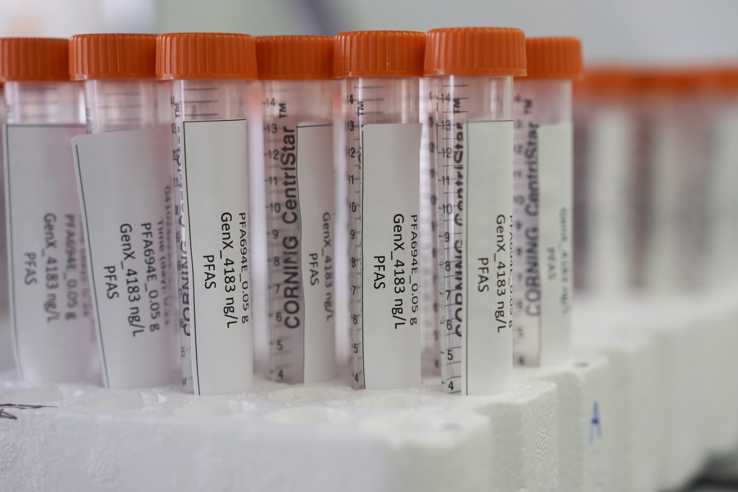 Vials containing water with forever chemicals, or PFAS