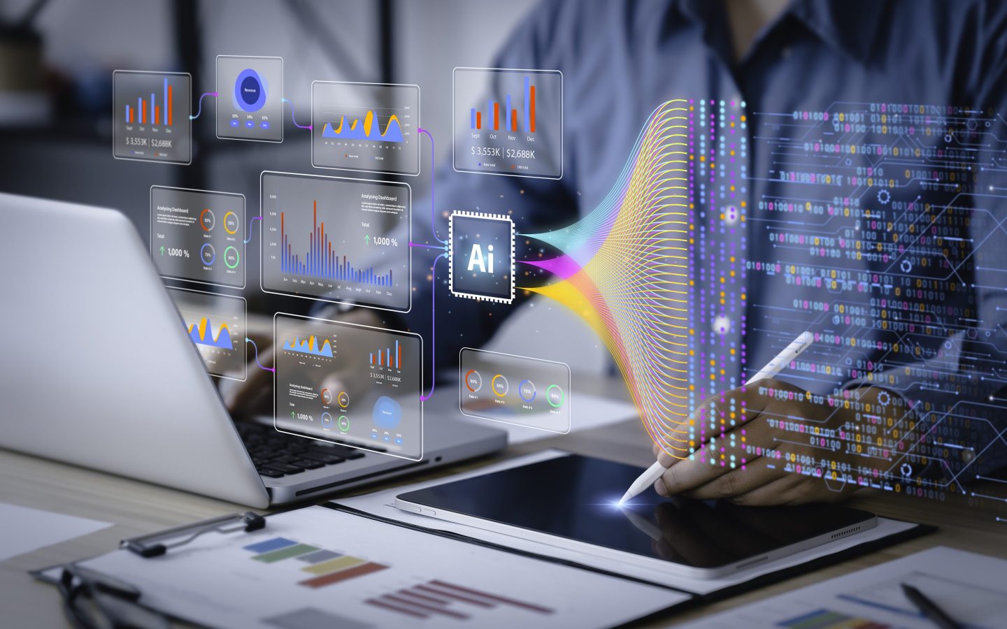 worker uses a computer for analysis of data sets
