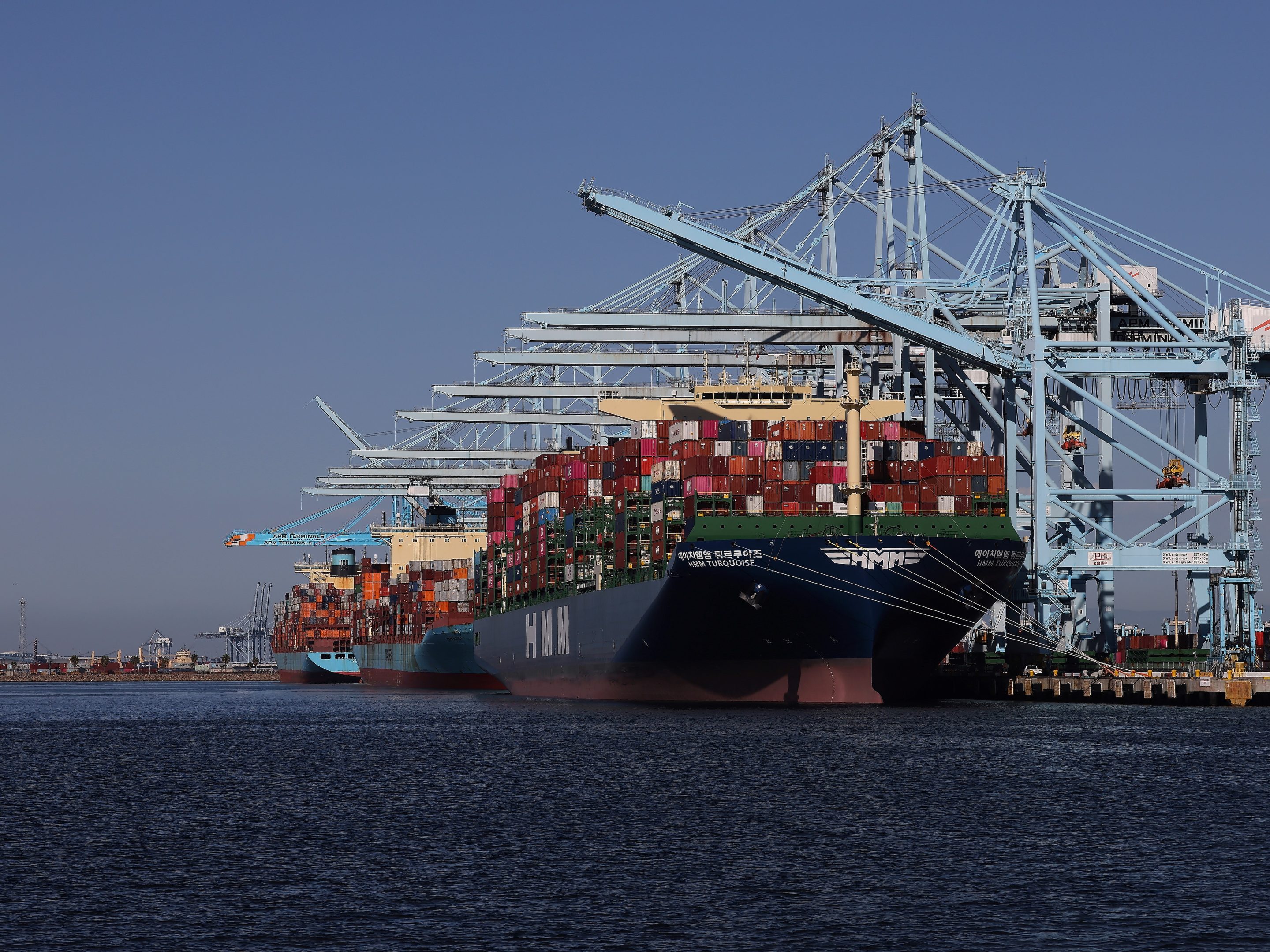Cargo ships loaded with containers at the Port of Los Angeles on May 10.