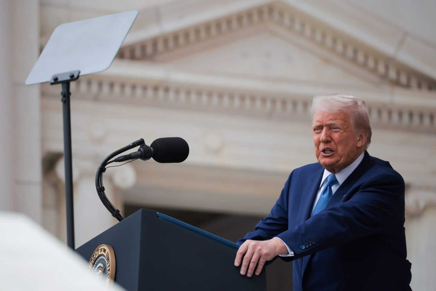 U.S. President Donald Trump speaks during the Memorial Day wreath-laying ceremony at the Memorial Amphitheater in Arlington National Cemetery on May 26, 2025 in Arlington, Virginia.