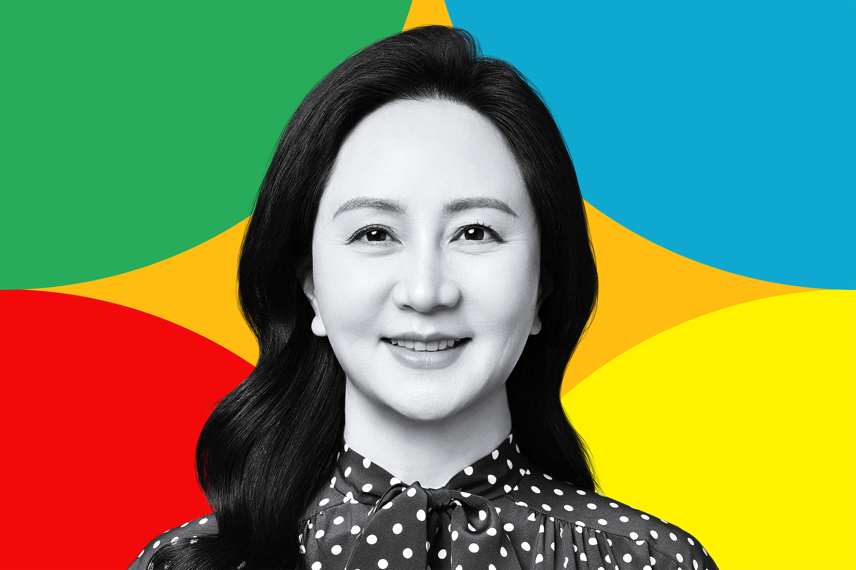 A grayscale photo of a woman on a colorful background