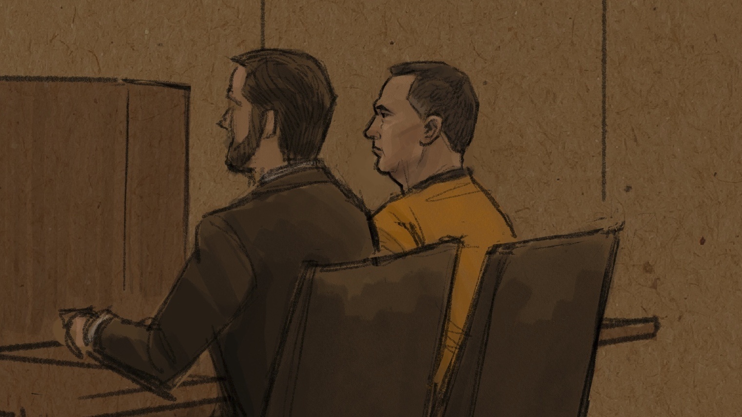 Vance Boelter, right, who is charged with killing one Minnesota lawmaker and wounding another, is seen at a federal court hearing on June 16, 2025, in St. Paul, Minn.