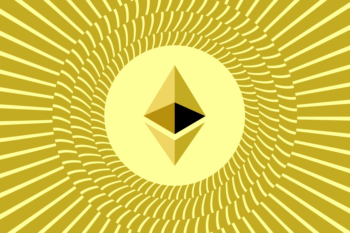 A picture of the Ethereum logo with rays around it.