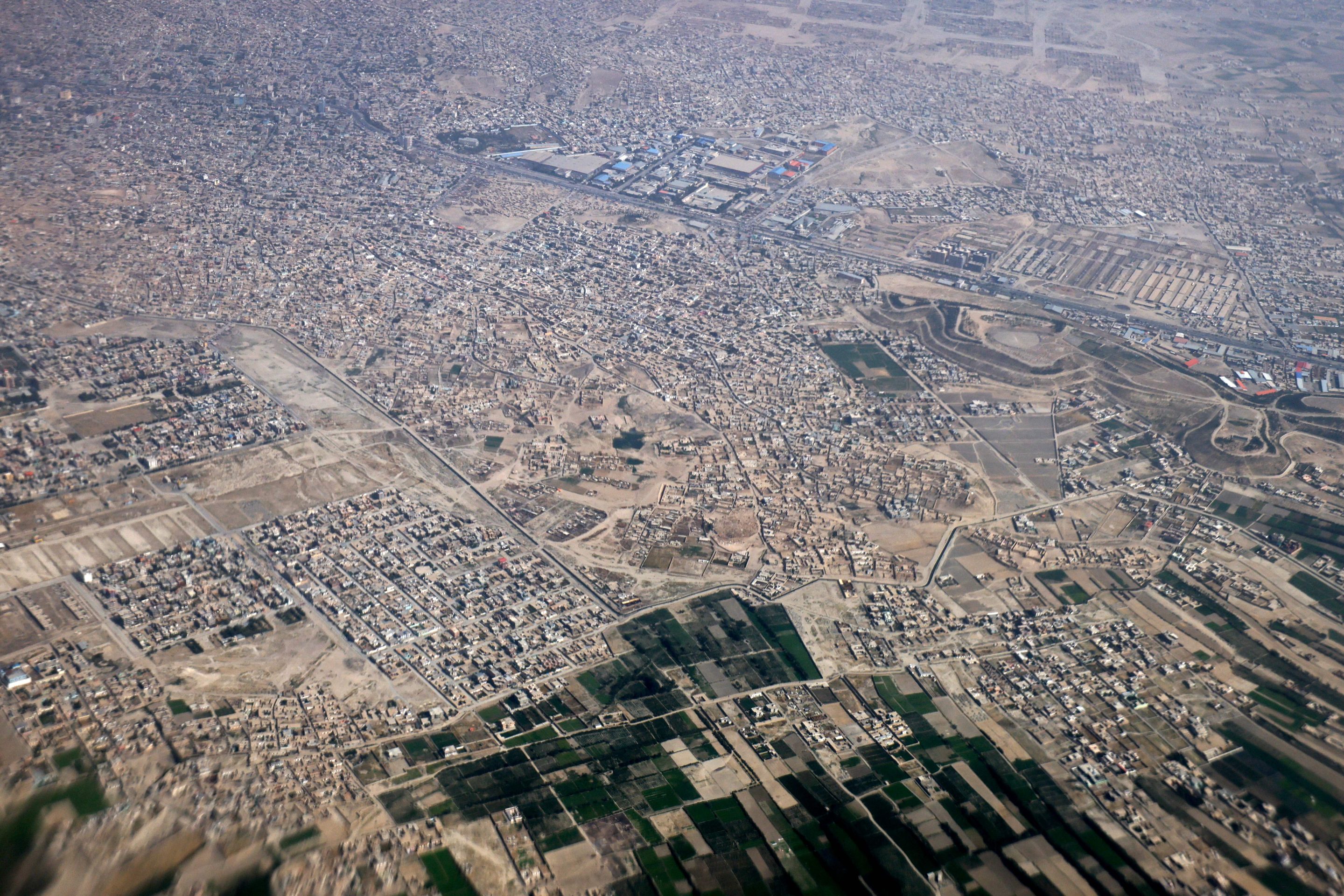 An aerial view of the Kabul city and its suburbs is pictured from an aircraft on September 11, 2021.