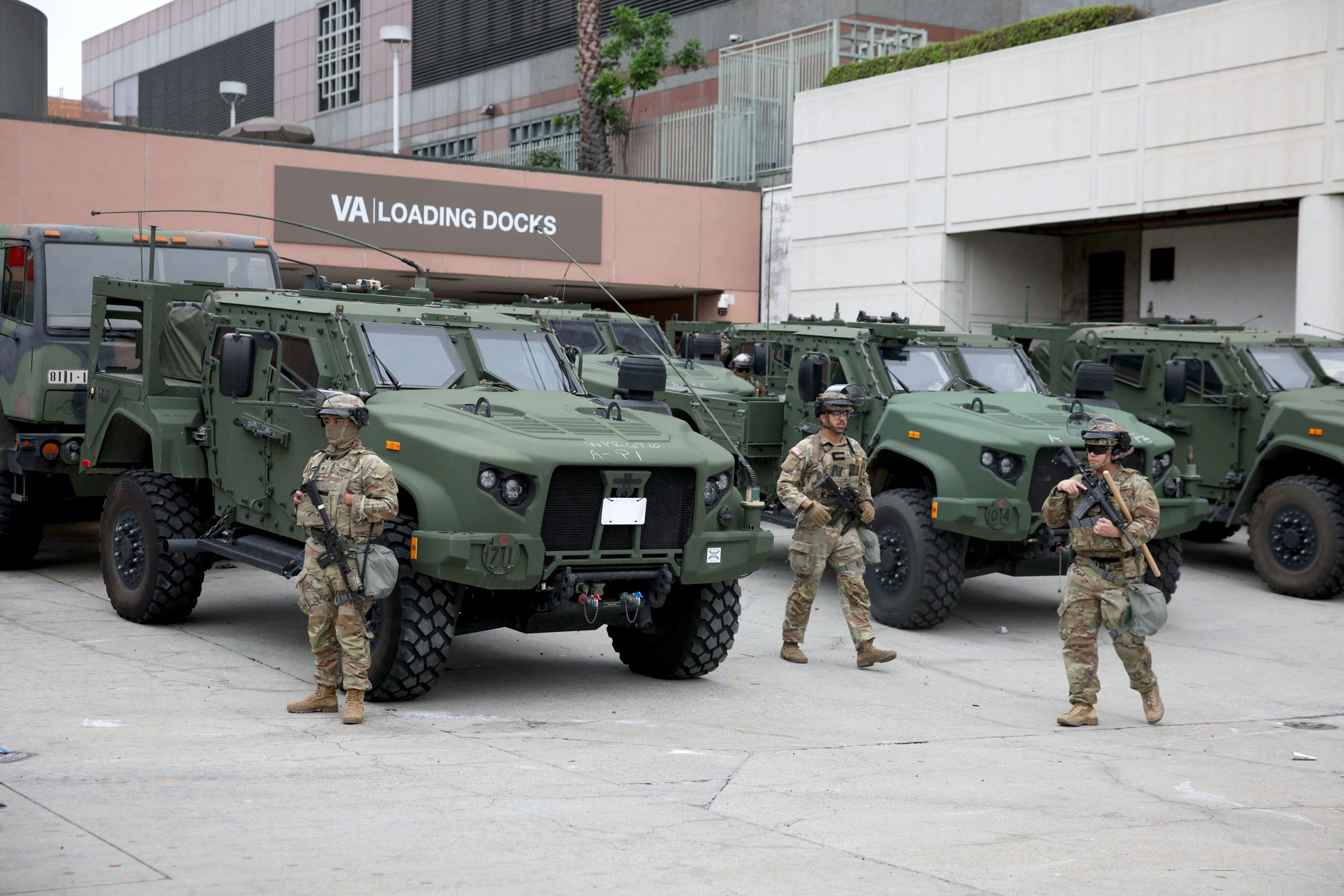 National Guard troops stationed at the Metropolitan Detention Center in Los Angeles on Sunday.