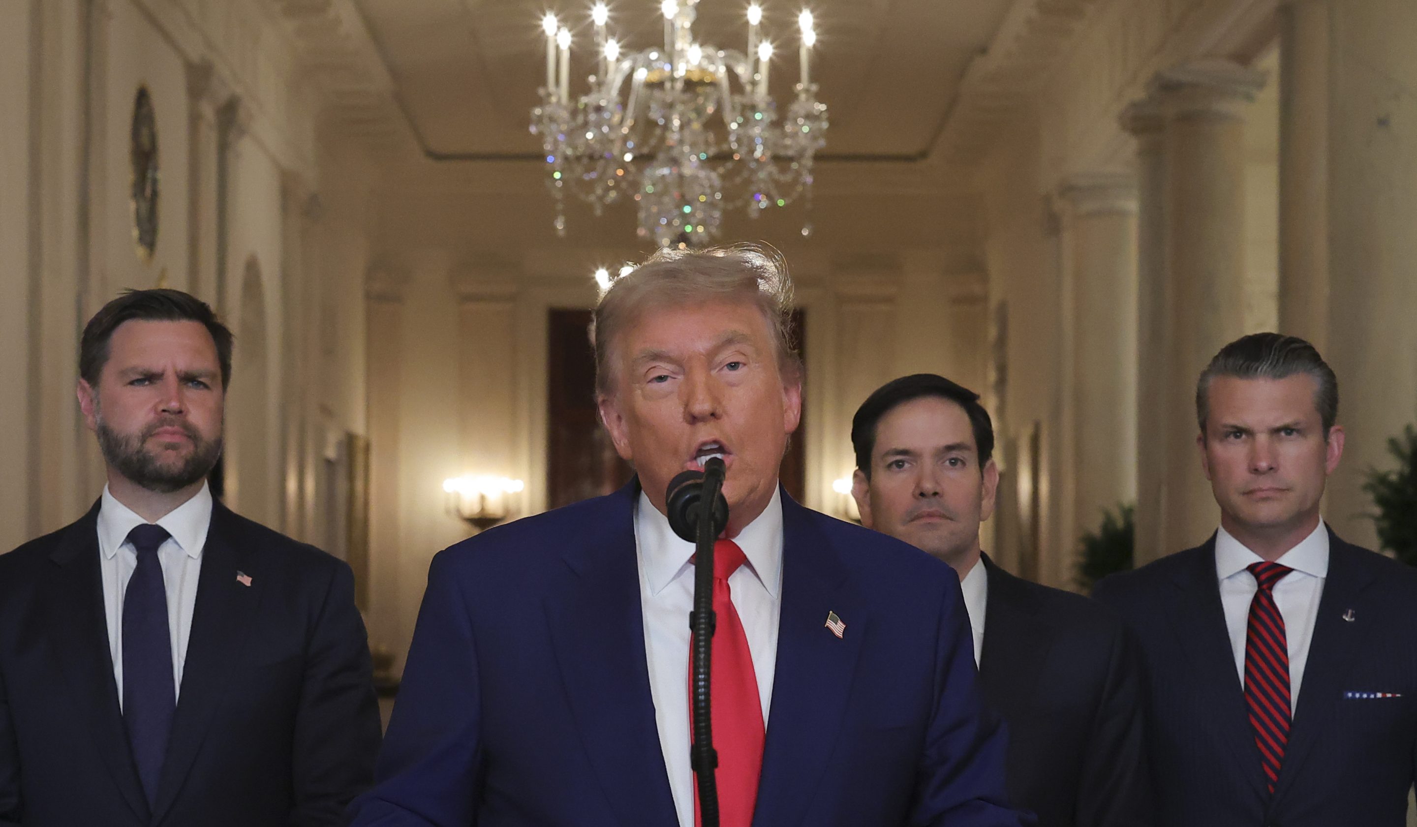 President Donald Trump delivers an address to the nation accompanied by U.S. Vice President JD Vance, U.S. Secretary of State Marco Rubio and U.S. Defense Secretary Pete Hegseth from the White House on June 21, 2025 in Washington, D.C.