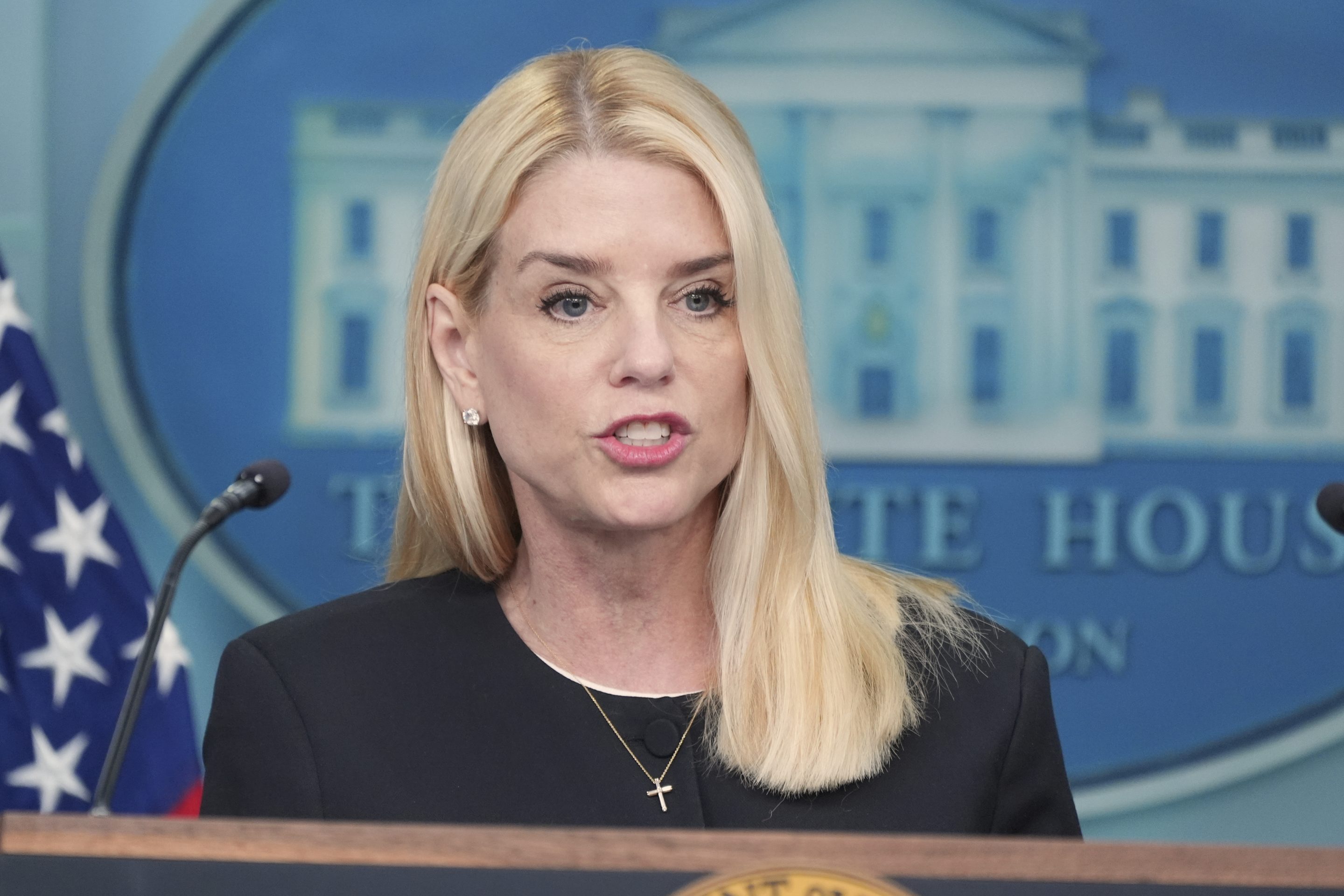 Attorney General Pam Bondi speaks to the media, on June 27, 2025, in the briefing room of the White House in Washington.