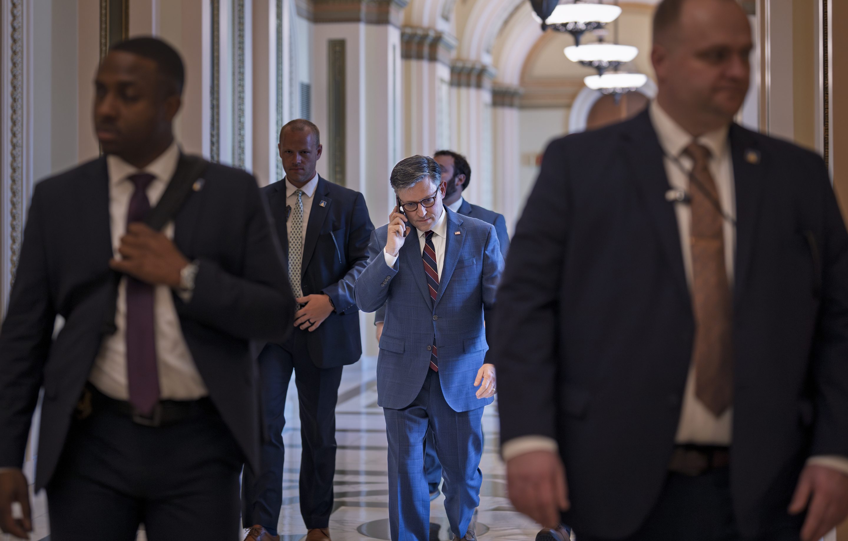 Speaker of the House Mike Johnson, R-La., leaves the chamber at the Capitol in Washington, on July 17, 2025.